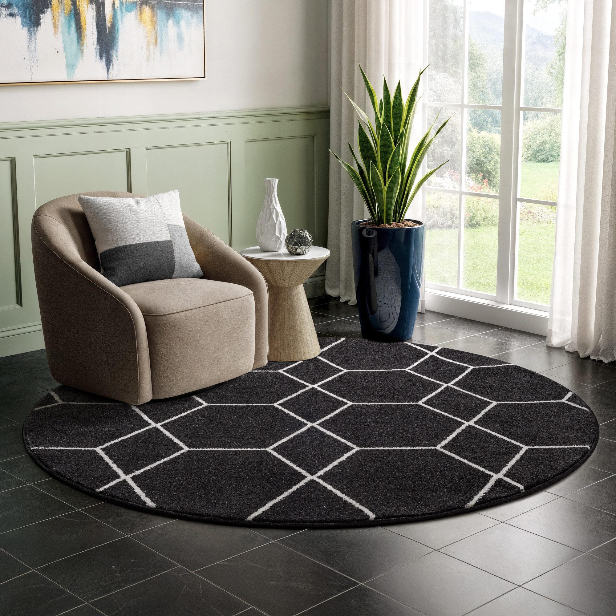 Sanat Teppich Trellis, rund, Höhe: 10 mm, Kurzflor, skandi, boho, auch als Läufer und in rund