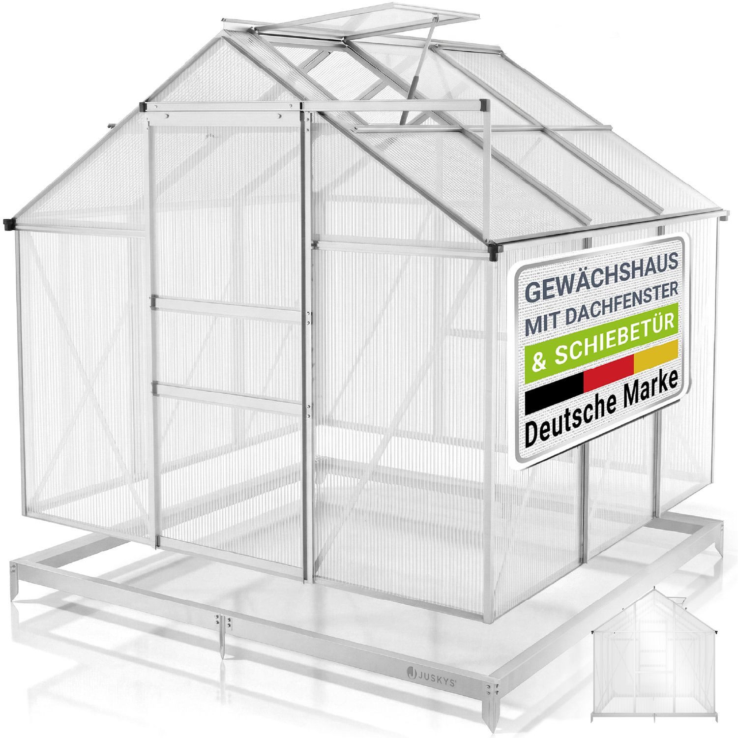 Juskys Gewächshaus, BxTxH: 190 x 190 x 198 cm, Dachfenster, Abschließbar, Regenrinnen und Fundament