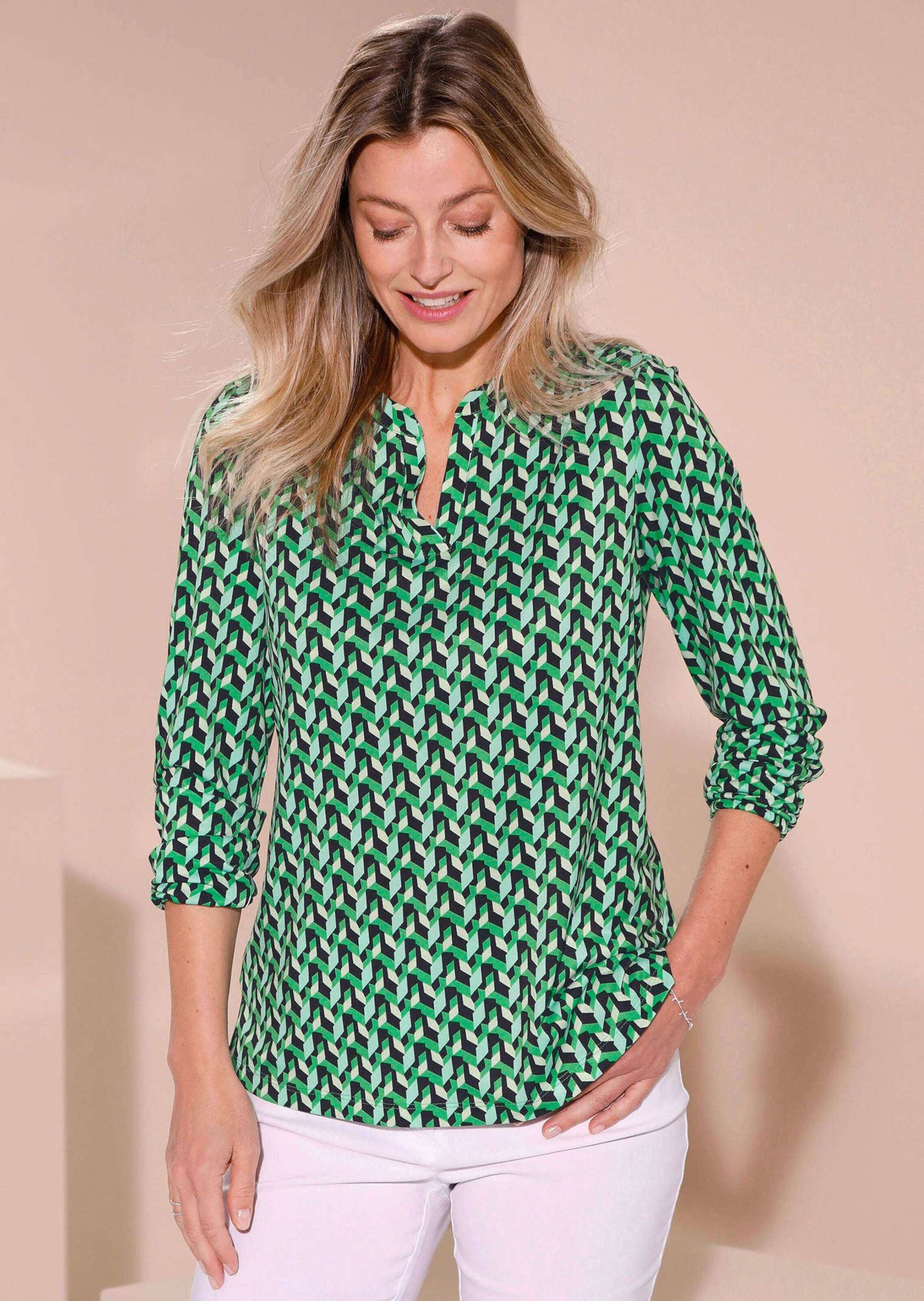 GOLDNER Kurzarmbluse Kurzgröße: Elegantes Blusenshirt mit V-Ausschnitt Schlupfbluse mit Allover-Print, Kräuselung und Langarm