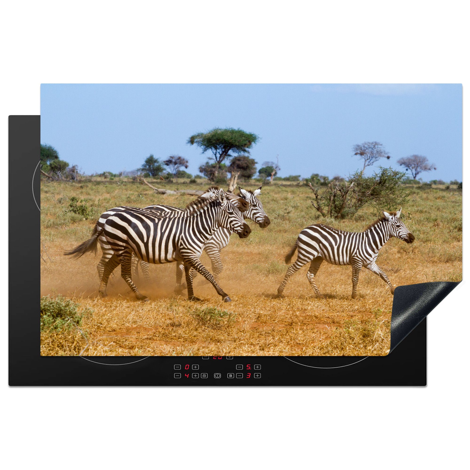 MuchoWow Herdblende-/Abdeckplatte Drei Zebras laufen durch die Savanne, Vinyl, (1 tlg), 81x52 cm, Induktionskochfeld Schutz für die küche, Ceranfeldabdeckung