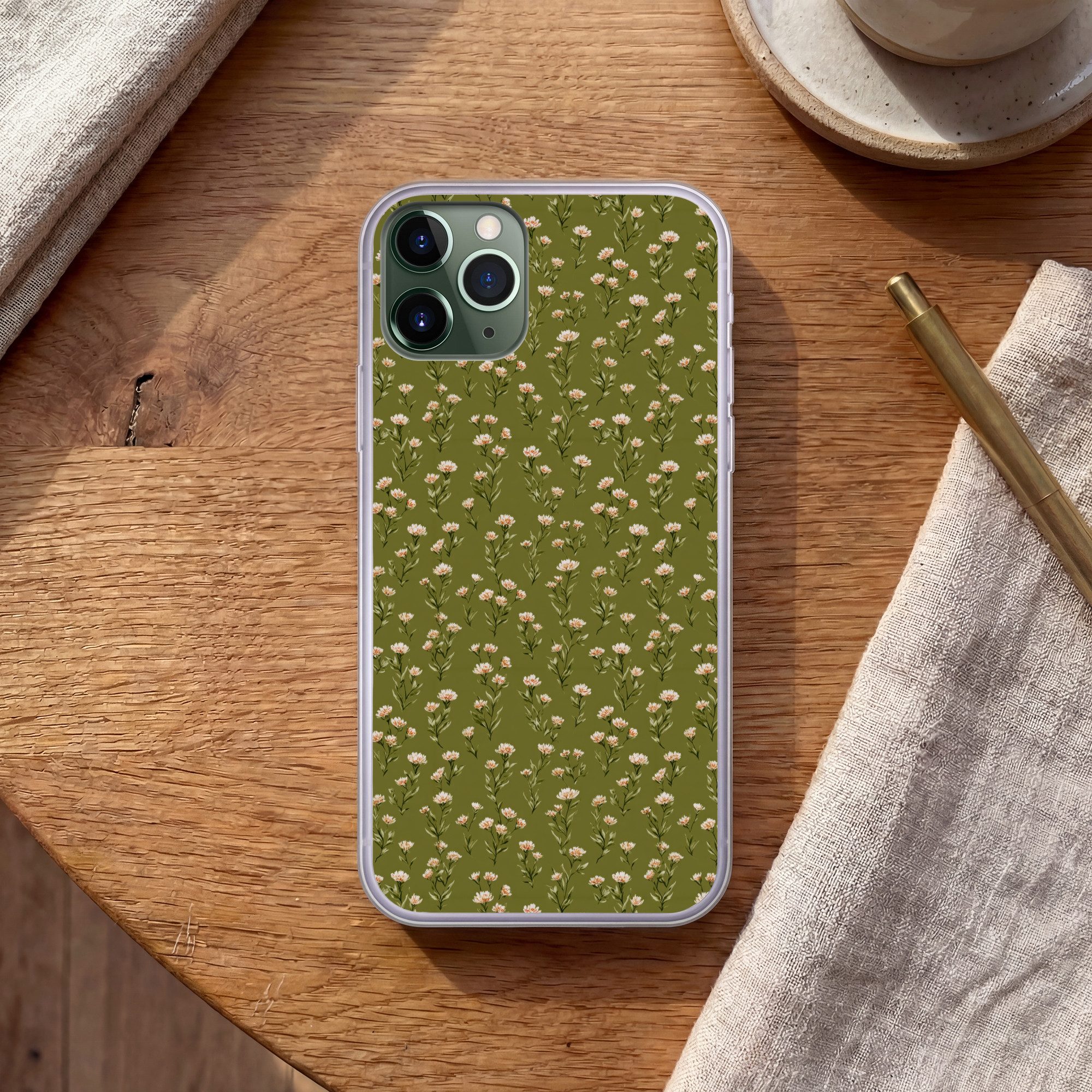 MuchoWow Handyhülle für Apple iPhone 11 Pro Rustikal - Blumen - Grün, Smartphone-Bumper, Print, Handy Schutzhülle Dünn