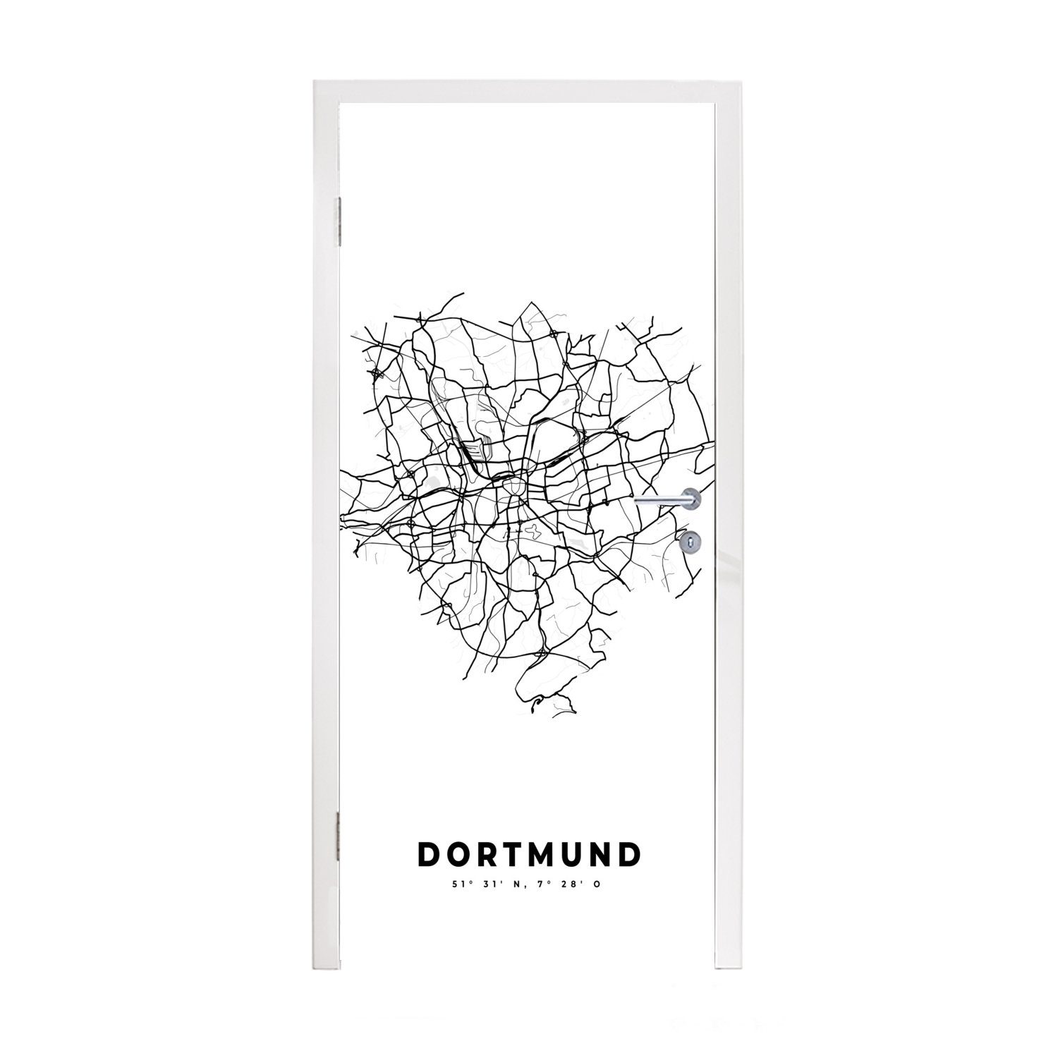 MuchoWow Türtapete Stadtplan - Deutschland - Schwarz und weiß - Dortmund - Karte, Matt, bedruckt, (1 St), Fototapete für Tür, Türaufkleber, 75x205 cm