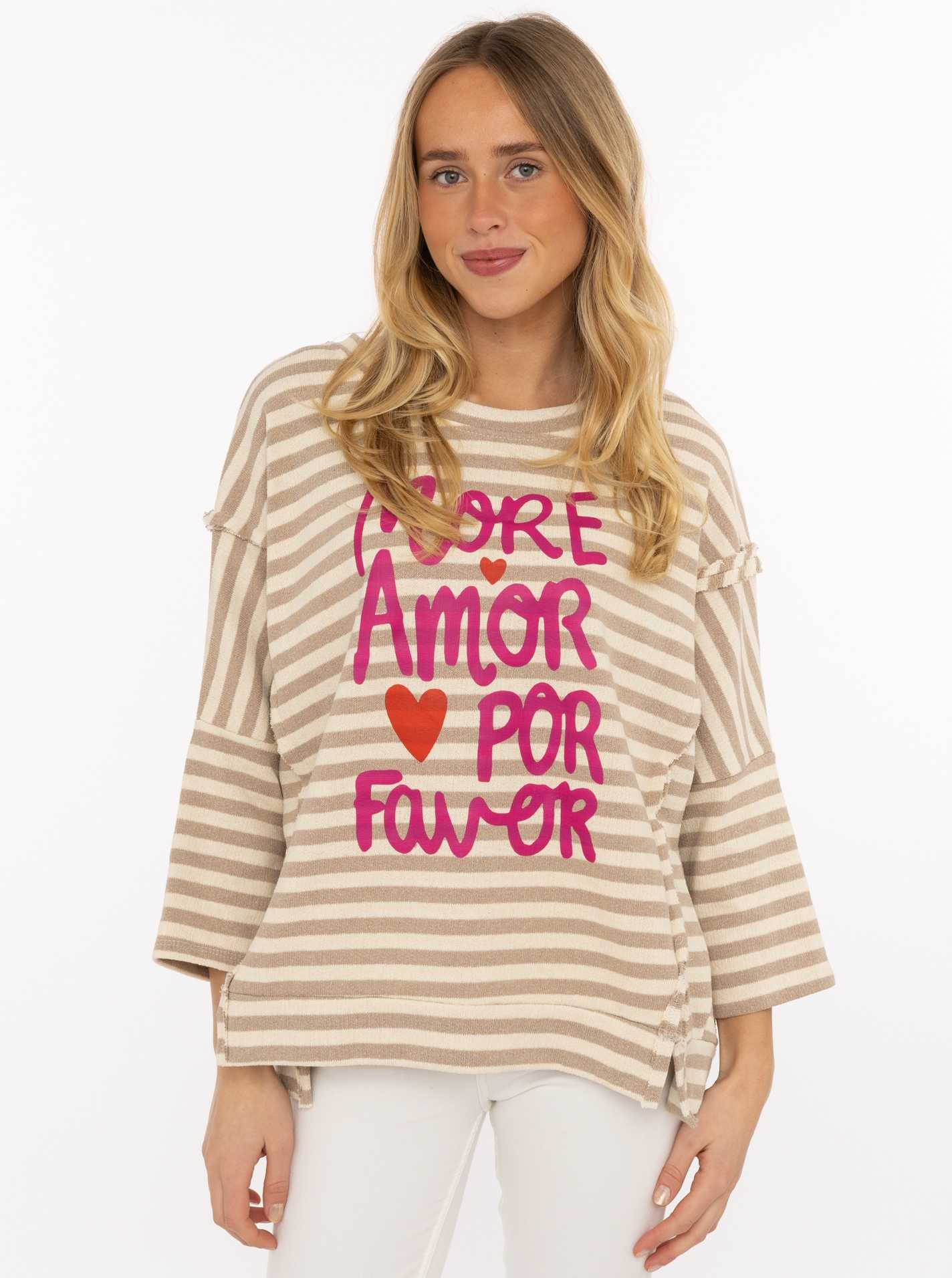 Zwillingsherz Streifenpullover "More Amor Por Favor " gestreift, Rundhals, große Aufschrift