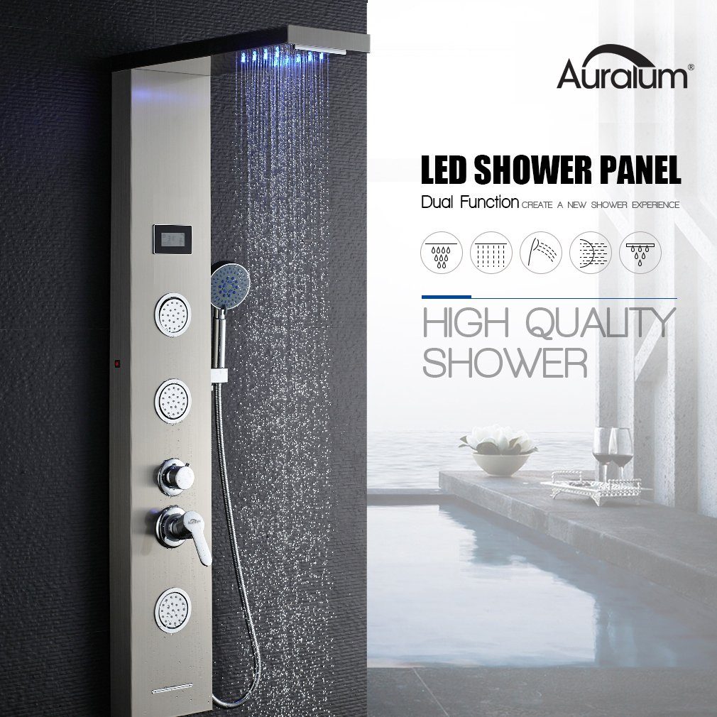 Auralum Duschsystem 5-Funktion Duschsäule Dusch Edelstahl Duschpaneel Badezimmer Handbrause, LED mit Wassertemperatur-Display Duschset