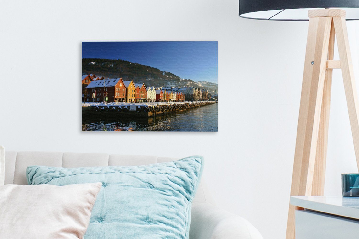 30x20 Norwegen, OneMillionCanvasses® Bryggen Leinwandbild St), Wanddeko, Aufhängefertig, in Verschneites Leinwandbilder, Wandbild (1 cm