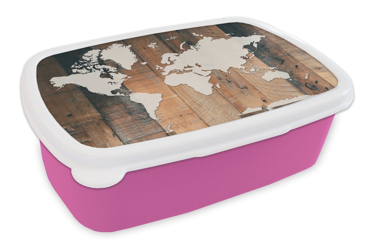 MuchoWow Lunchbox Weltkarte - Holz Mädchen, rosa - Kinder, Kunststoff, Erwachsene, Snackbox, für Brotbox (2-tlg), Weiß, Kunststoff Brotdose