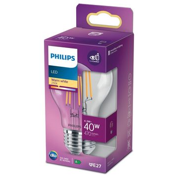 Philips LED-Leuchtmittel LED Lampe ersetzt 40W, E27 Standardform A60, klar, n.v, warmweiss