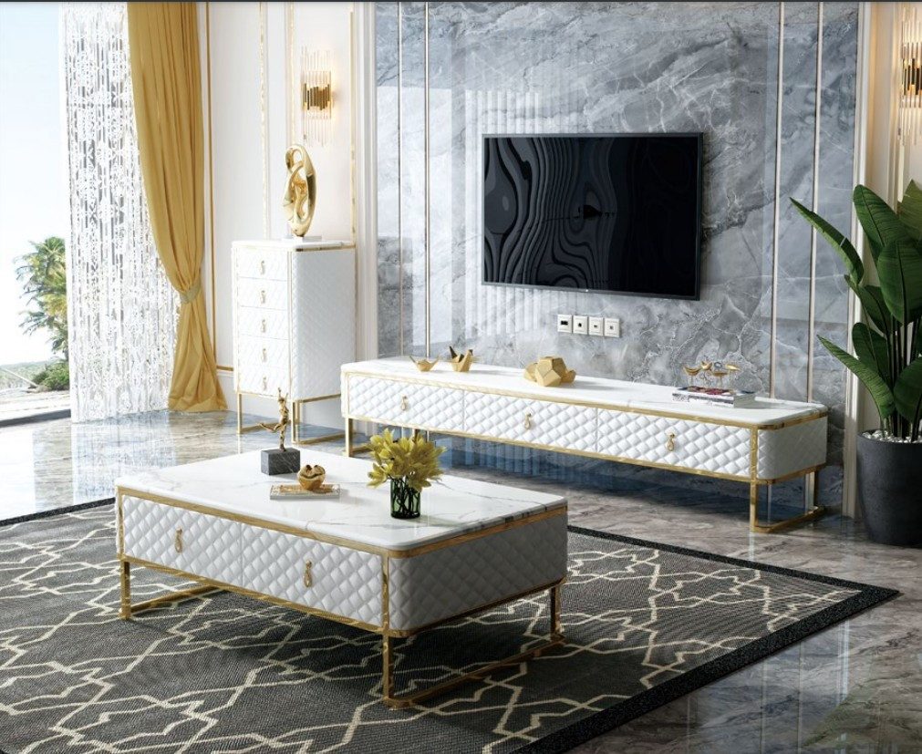 Lowboard Weißes TV-Möbel mit Holz und Marmor-Imitation, elegante Beine in Gold
