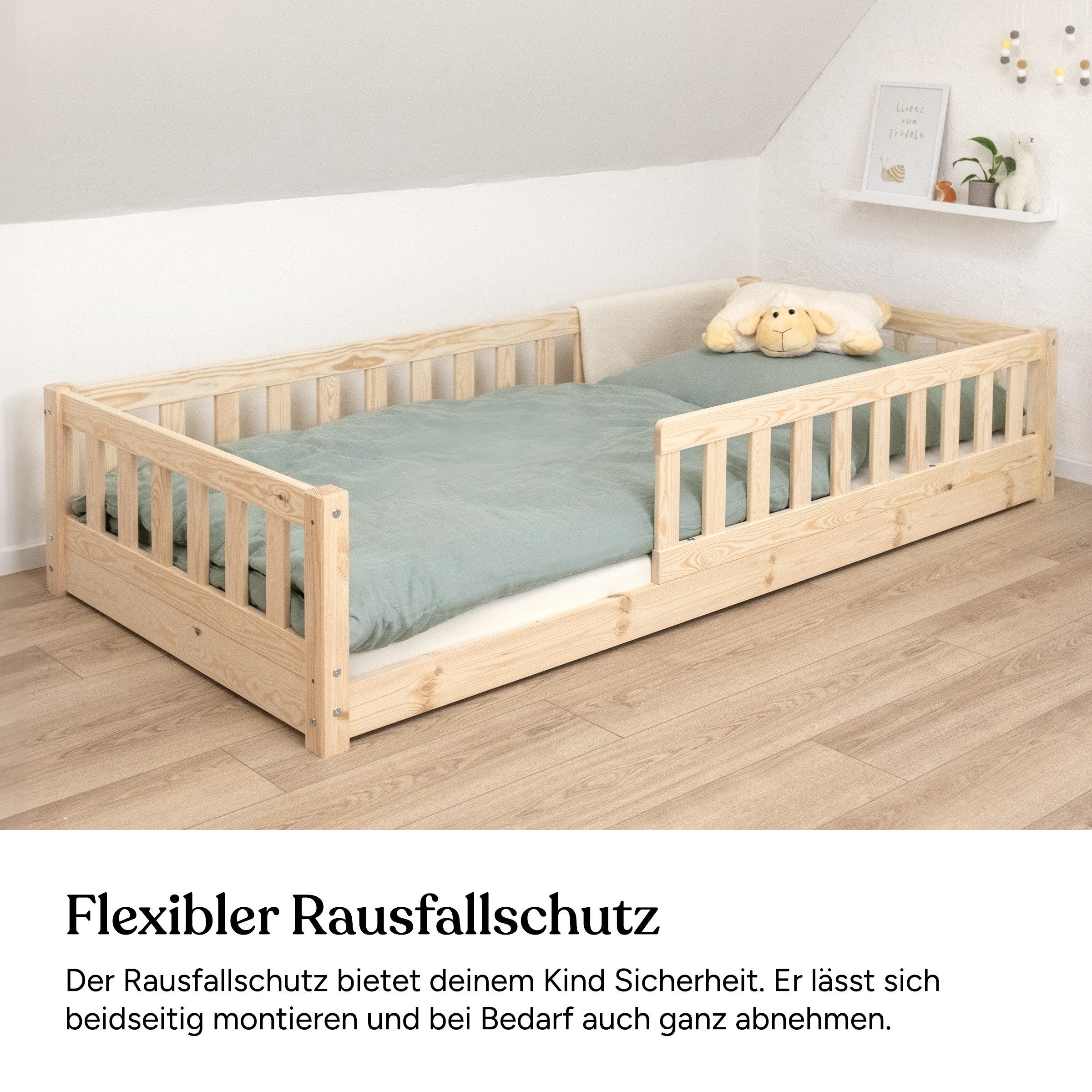 Ehrenkind Kinderbett Bodenbett Lille aus massivem Kiefernholz mit Rausfallschutz (Hochwertiges Kinderbett aus FSC® zertifziertem Holz / Bodenbett in 90x200, Mon – Bild 4 von 5