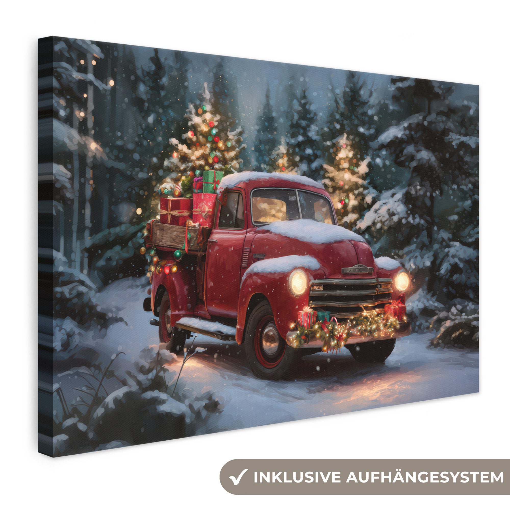 OneMillionCanvasses® Leinwandbild Weihnachts-LKW - Schneewald - Rot, Fotodruck (1 St), Leinwand Bilder Klein, Wand Dekoration Aesthetic 30x20 cm