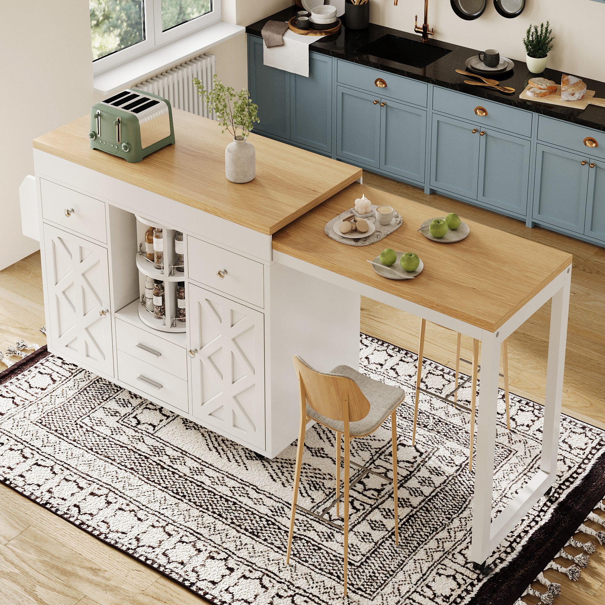 i@home Bartisch Kücheninsel (bewegliche Kücheninsel mit Rollen und Arbeitsplatte, 1-St., mit 4 Schubladen, drehbarer Organizer, 110–180×40×91 cm), Ausziehbarer Bartisch mit Stauraum, Landhaus X-Muster Türen