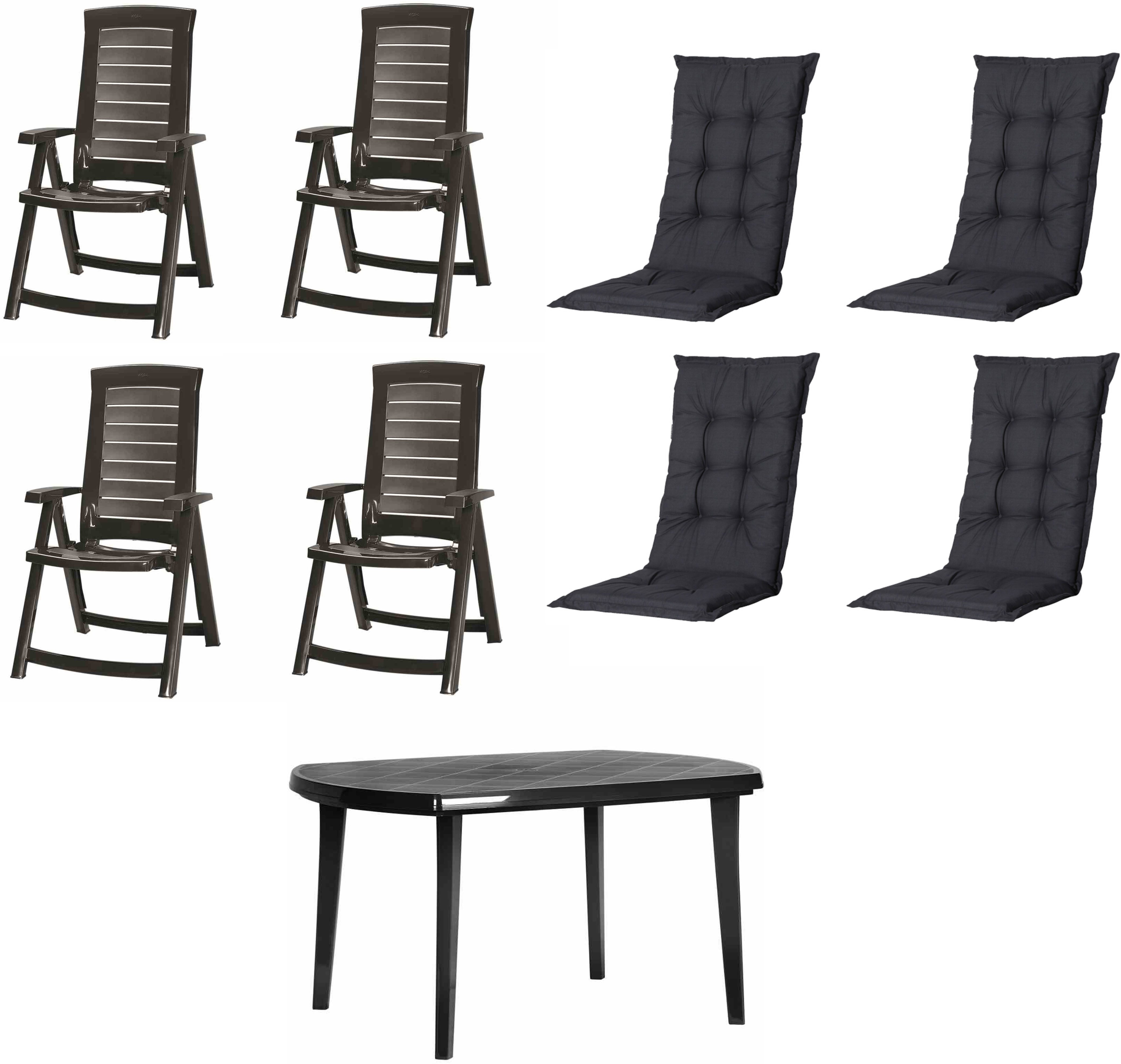 Jardin Garten-Essgruppe Aruba + Elise, (Set, 9-tlg), 4 x Klappsessel graphit, 1 x Tisch graphit, 4 x Auflage black