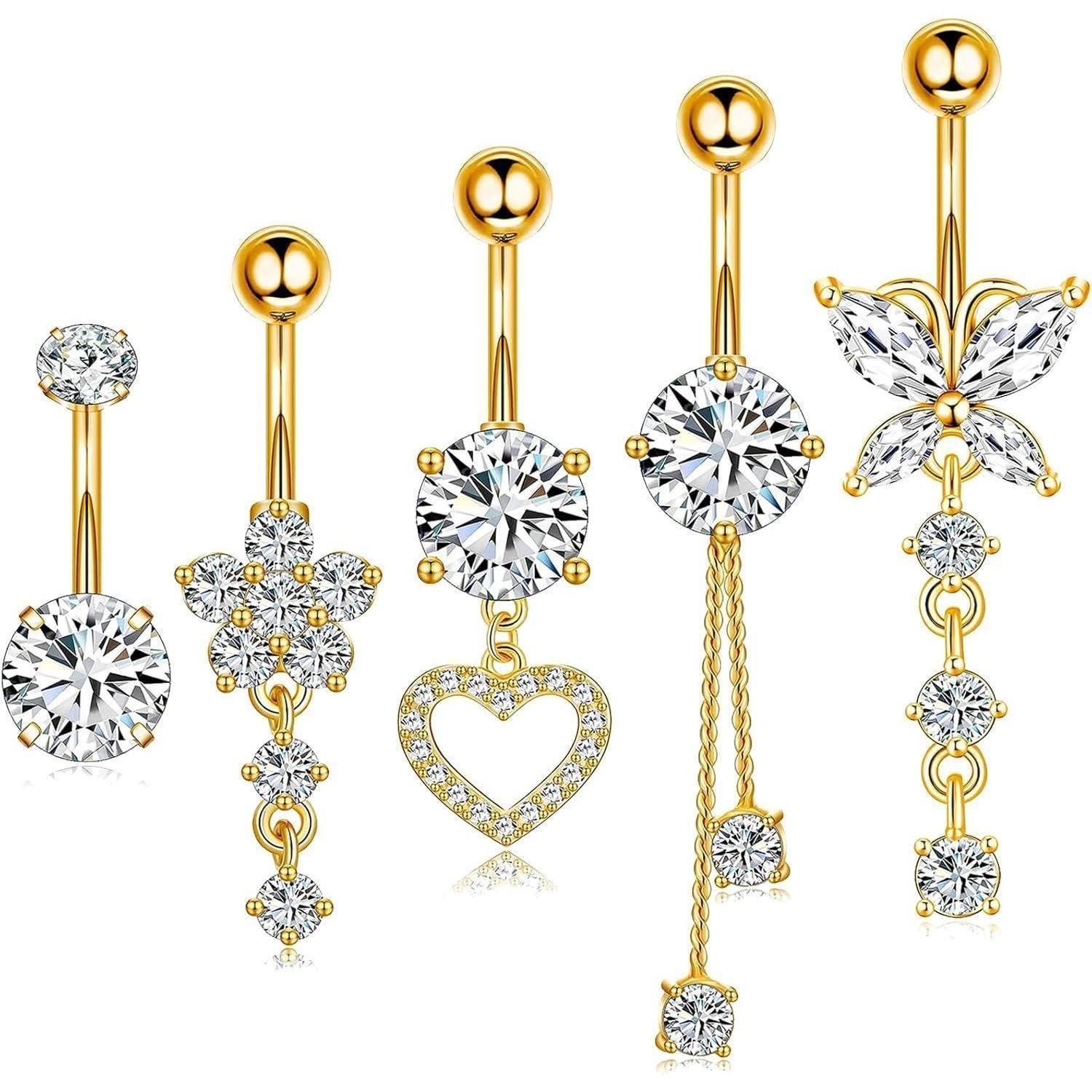Eyezeeption Bauchnabelpiercing-Set Bauchnabelpiercing Chirurgenstahl 10mm 12mm Gold Silber Strass Perlen