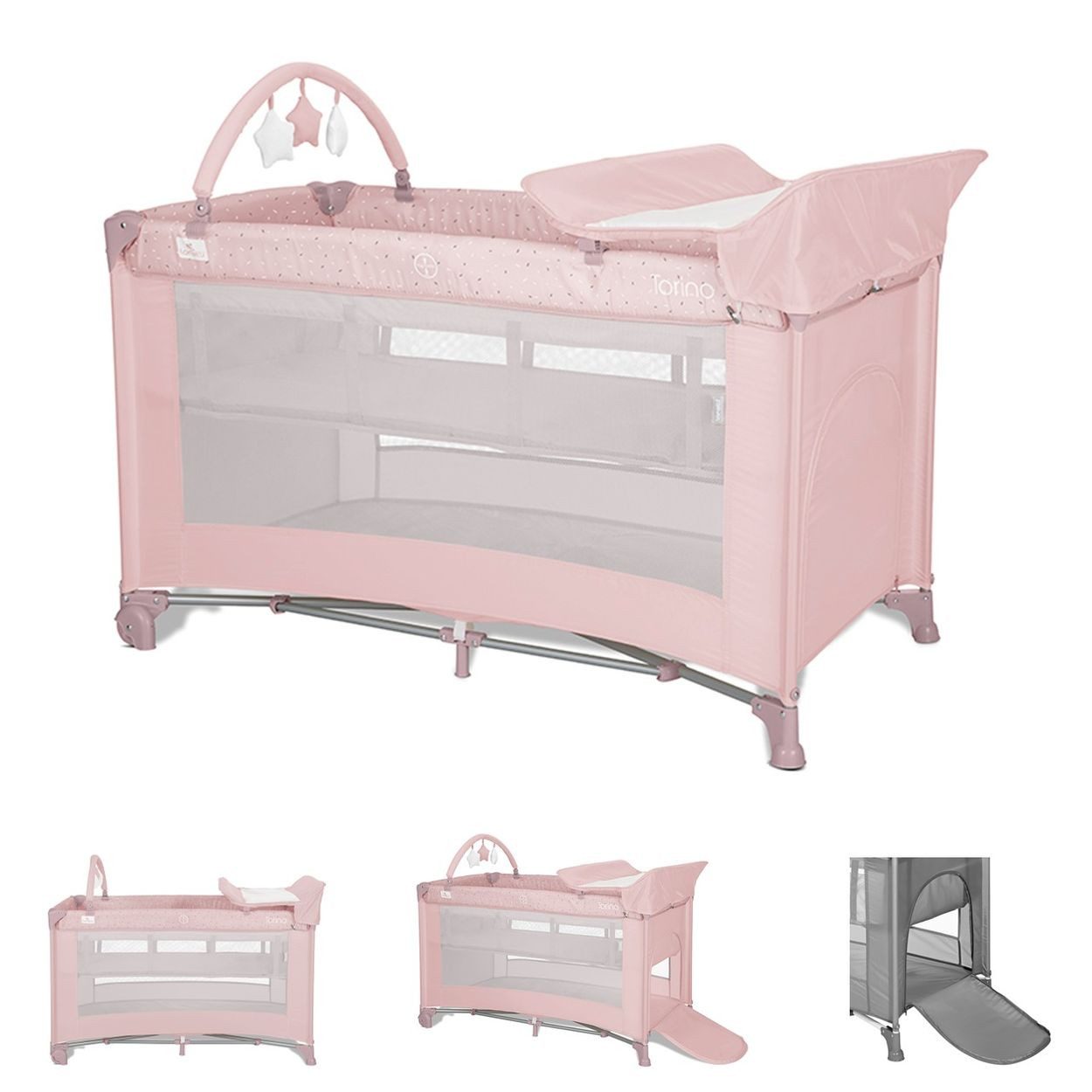 Lorelli Baby-Reisebett Reisebett Torino plus 2 Ebenen, Wickelauflage Spielbogen Räder faltbar