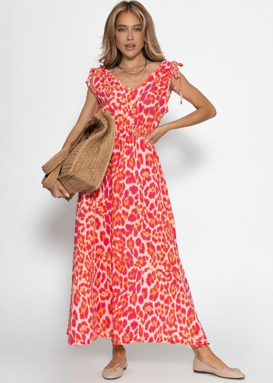 SASSYCLASSY Maxikleid Maxikleid aus Musselin mit Leo-Print für Damen Sommerliches Kleid aus Baumwolle mit elastischer Taille