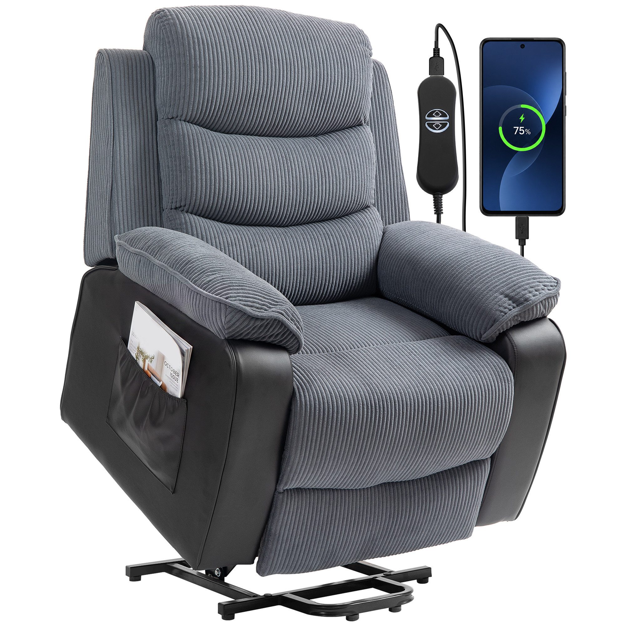 HOMCOM Relaxsessel Elektrisch mit Aufstehhilfe (Kord, 1-St., TV-Sessel), Seitentasche und Fernbedienung, Dunkelgrau – Bild 2 von 5