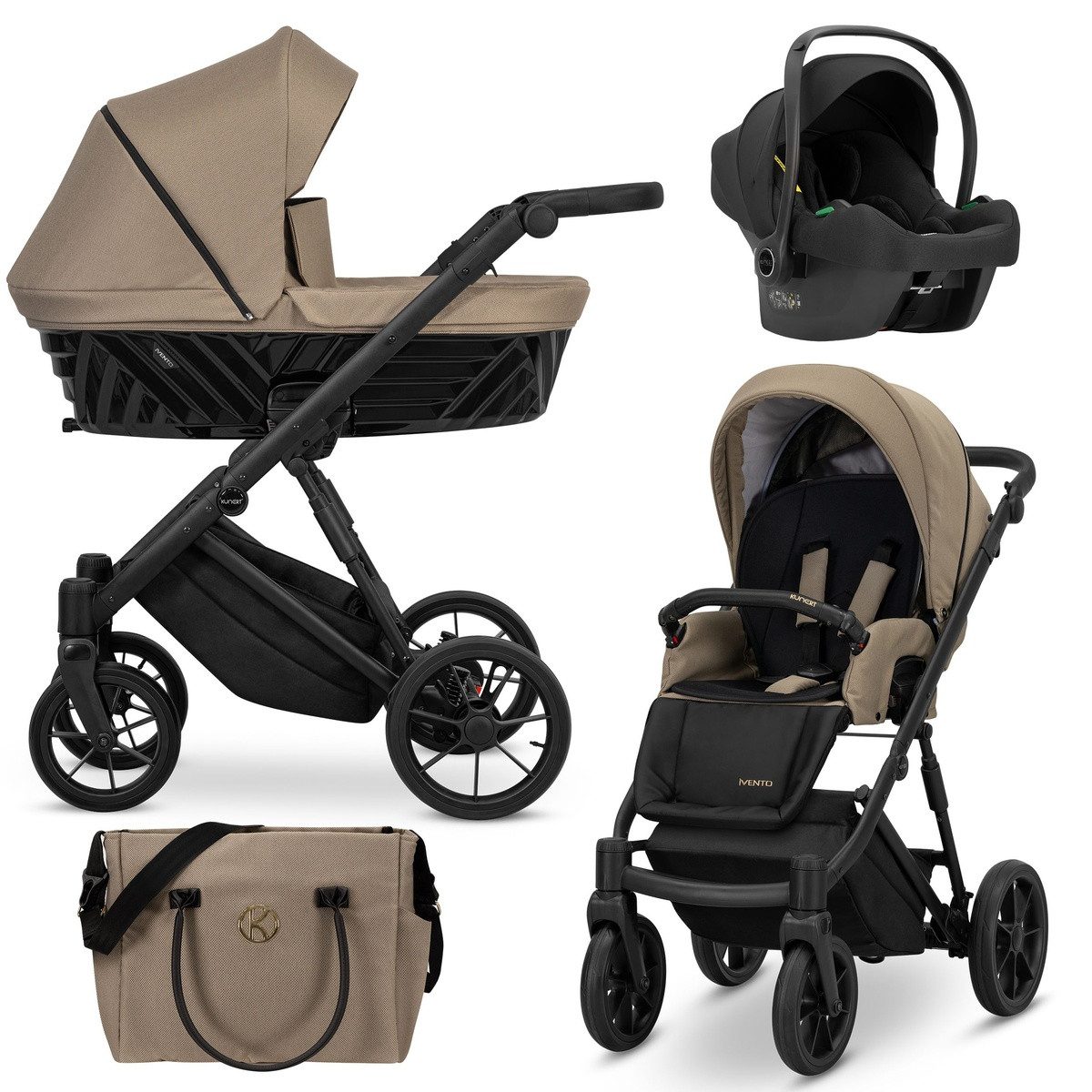 KUNERT Kombi-Kinderwagen IVENTO 3in1 Kinderwagen mit schwarzem Rahmen und Zubehör, 2in1-Set mit Tragetasche, Sportsitz und funktioneller Tasche