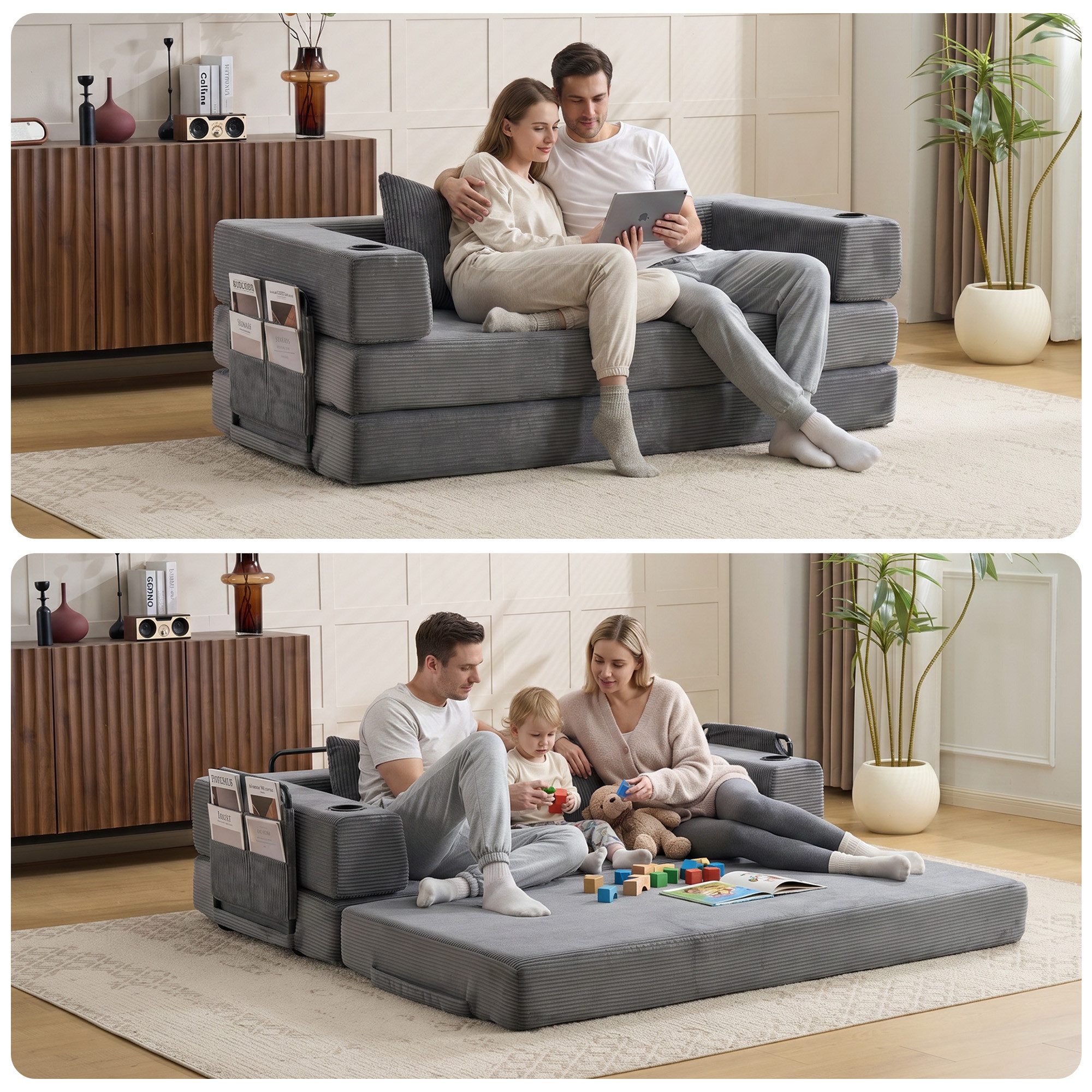 Vankel Loungebett Sofas Wohnzimmer, Sofa mit Schlaffunktion aus Cord mit Cupholder, Faltbares Schlafsofa mit Seitentaschen, Cupholdern und ohne Montage