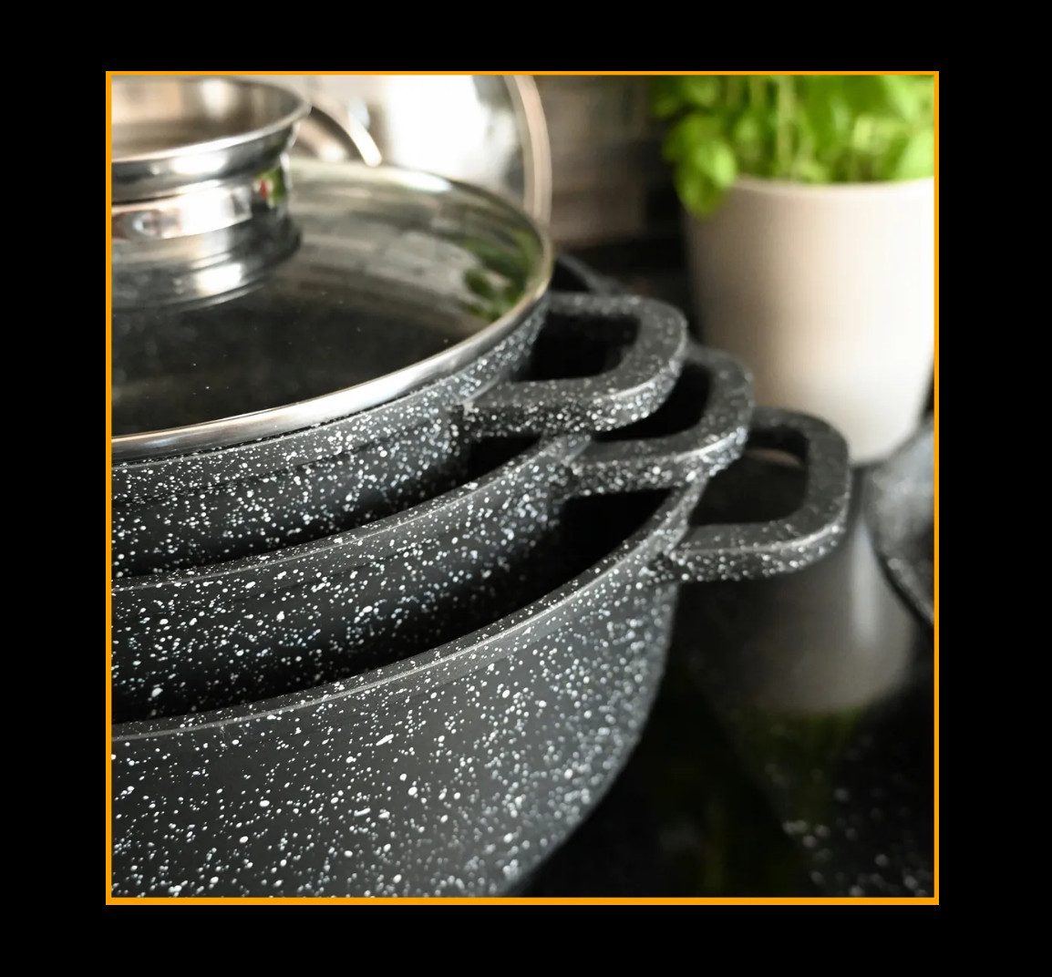 Zilner Topf-Set Schwarze Töpfe in verschiedenen Größen mit Pfannen Steinbeschichtung, Aluminiumguss, Aluminium, Keramik, Edelstahl (1.3L / 2.3L / 3.4L / 4.5L / 6.8L, 12-tlg., Es ist eine perfekte Geschenkidee für jeden Anlass. Bestseller-Topfset), Innovative Aroma Knob-Griffe