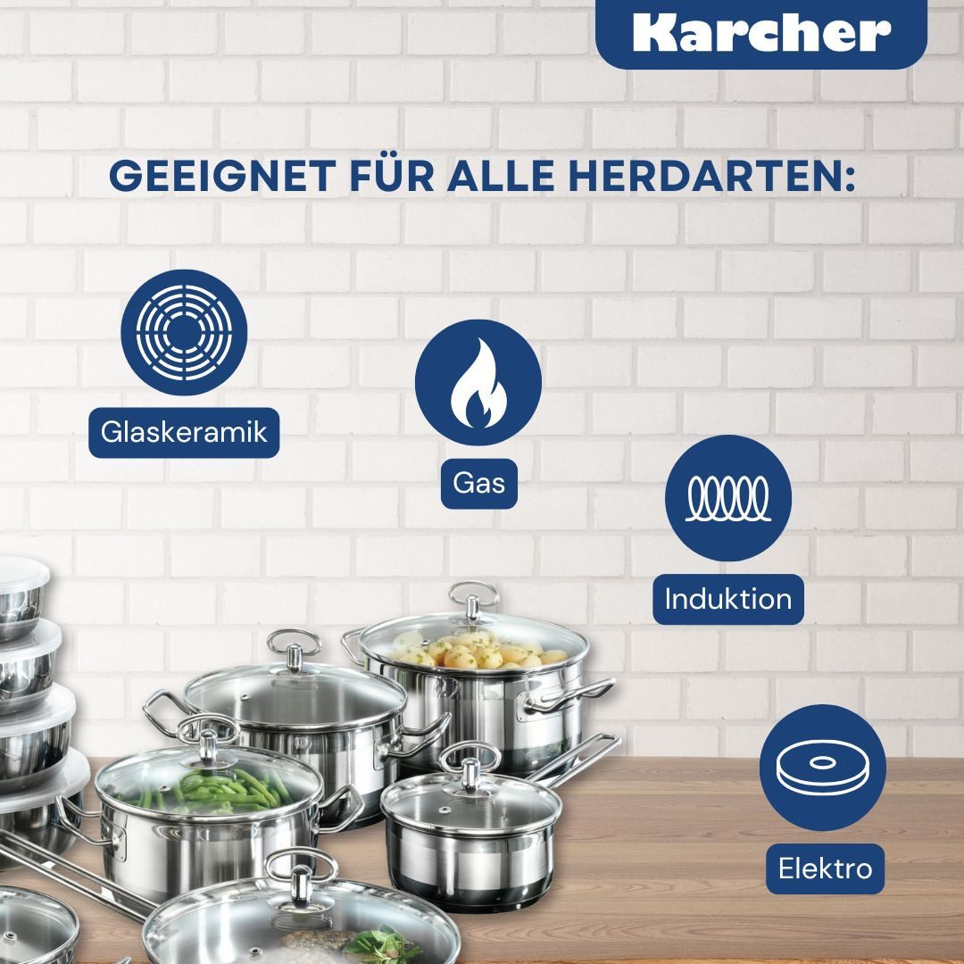 Karcher Topf-Set Kochtopfset Jasmin, Edelstahl (20-tlg), inkl. Glasdeckel und Edelstahl Schüssel Set, Induktion