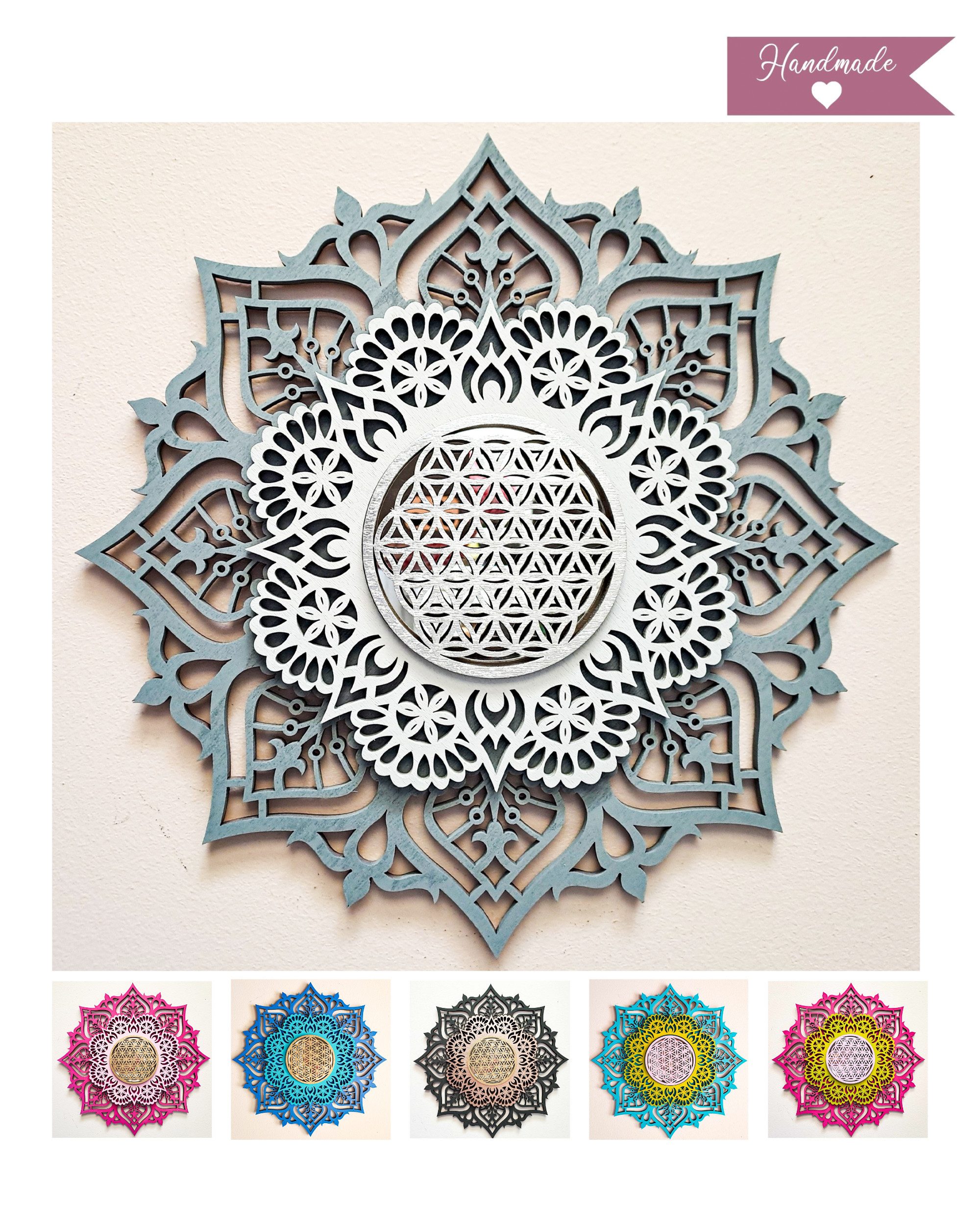 ORNAMENTI Wanddekoobjekt 3D MANDALA, Grosse moderne boho Wanddeko, Holz, 3 Schichten, Spiegel (moderne Deko Anhanger, Yoga Wandsculptur, Holzbild, stilvolle Wanddekoration, Wandpaneel, Ornament, geschnitz Wandrelief), Verzierung fur Zuhause, Wohnzimmer, S