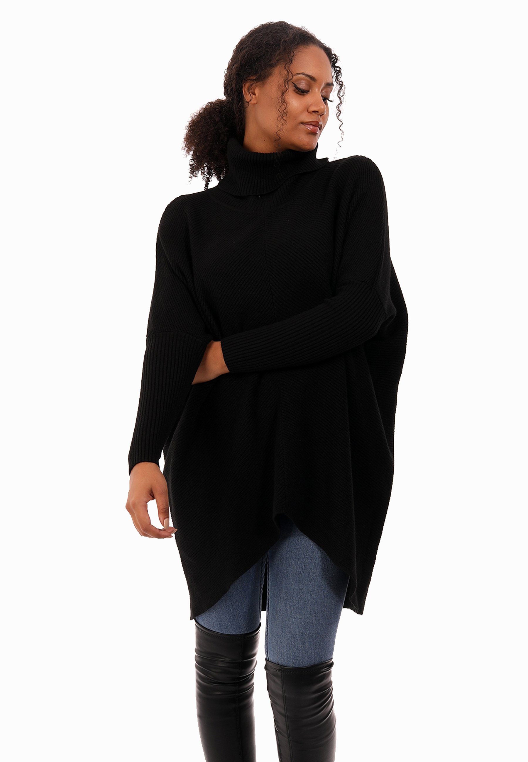 YC Fashion & Style Longpullover Strickpullover asymmetrisch Plus Size mit Rollkragen (1-tlg) in Unifarbe, mit überschnittenen Schultern schwarz