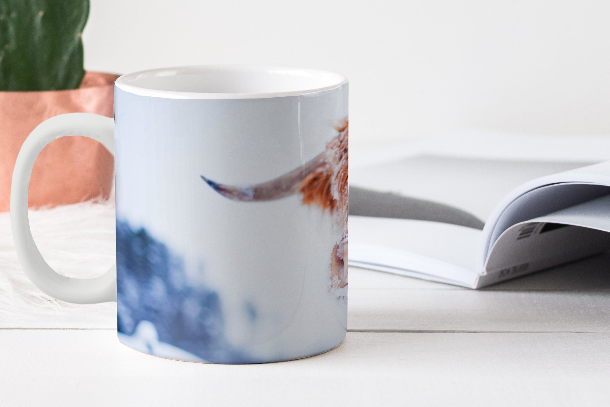 MuchoWow Tasse Schottischer Highlander - Schnee - Braun, 1-tlg., Keramik, Kaffeetassen, Teetasse, Becher, Teetasse, Geschenk