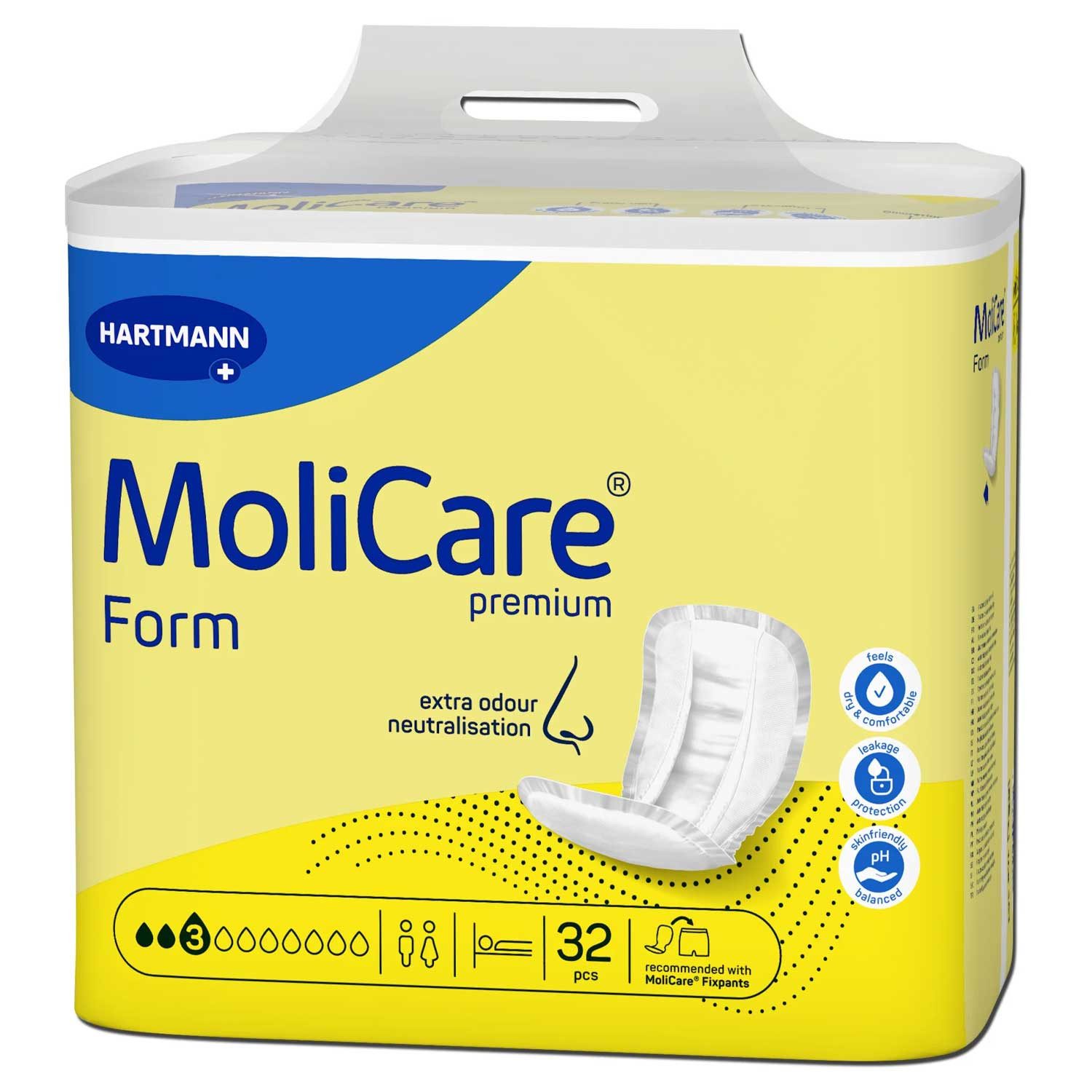 PAUL HARTMANN AG Inkontinenz-Einlage Hartmann MoliCare Premium Form 3 Tropfen Unisex 32 Stück, 3 Tropfen, 32-St., Sofort-Trocken-Gefühl, anatomische große Inkontinenzvorlage
