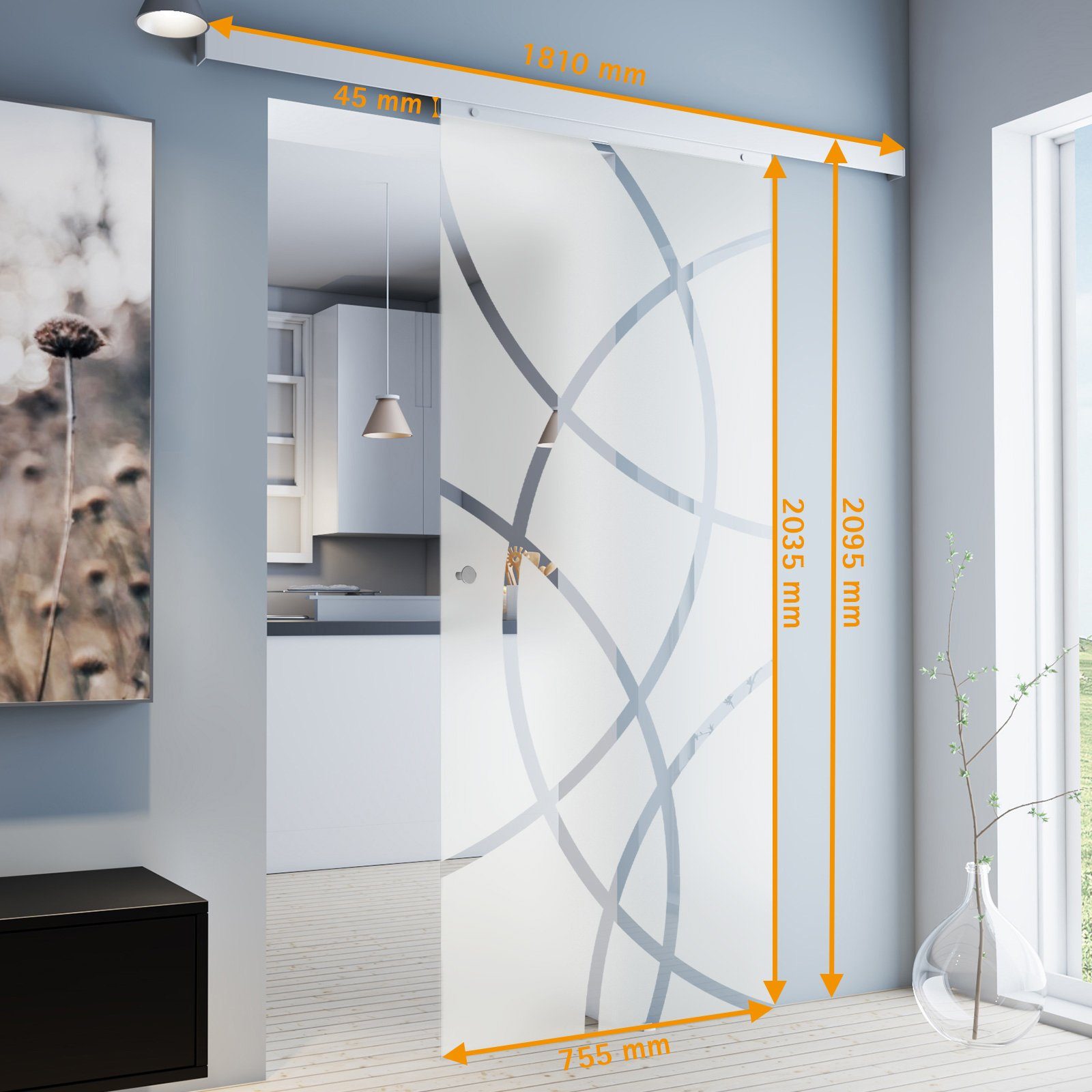 inova wohnen Glasschiebetür Kreisförmig satiniert, Größenauswahl, 8 mm ESG-Sicherheitsglas (Komplett Set, inkl. Schienensystem und Griff), Softclose optional