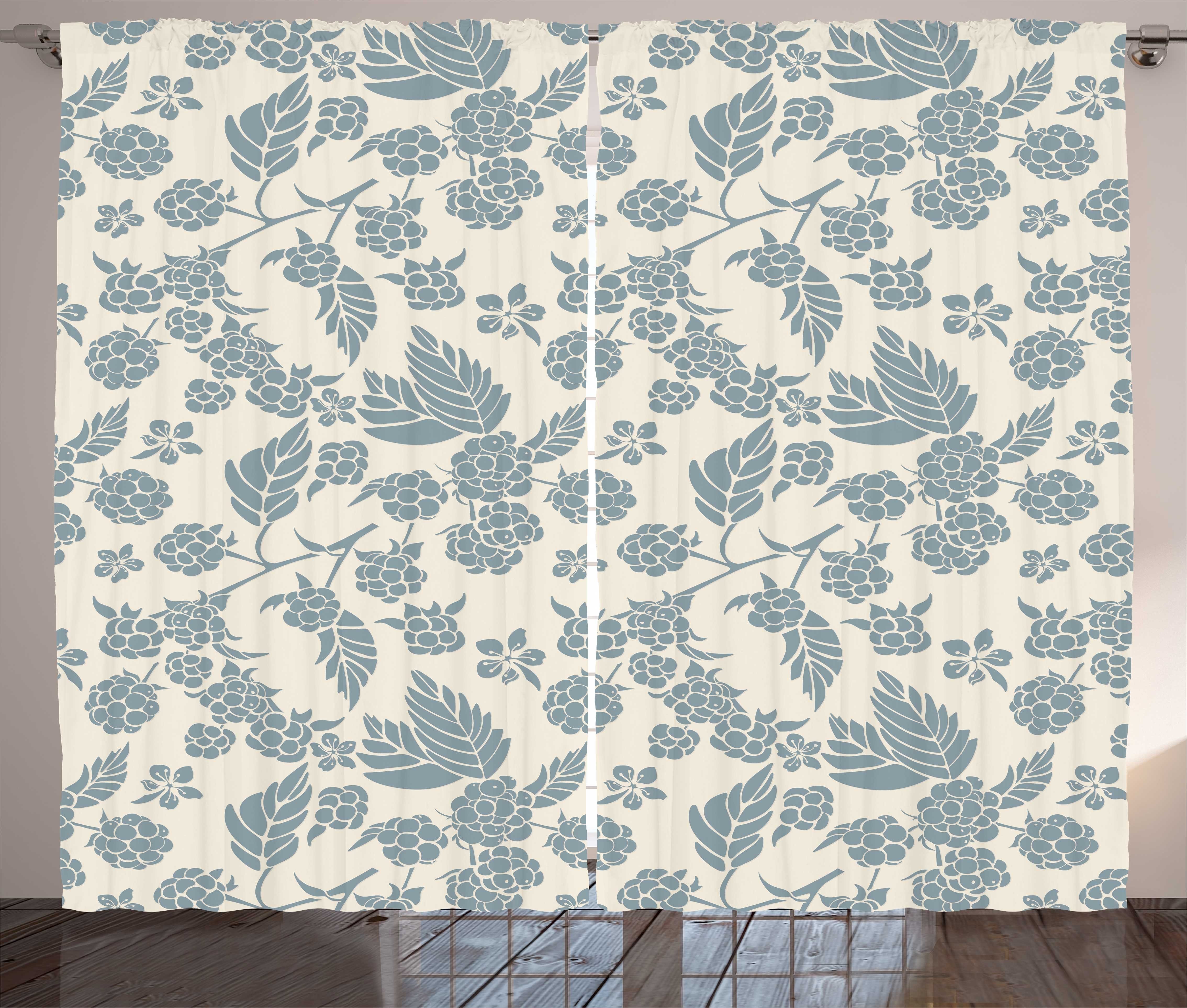 Gardine Schlafzimmer Kräuselband Vorhang mit Schlaufen und Haken, Abakuhaus, Botanik Blühende Beeren-Motiv | Fertiggardinen