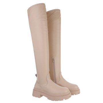 Ital-Design Damen Freizeit Plateaustiefel Blockabsatz Overknees in Beige