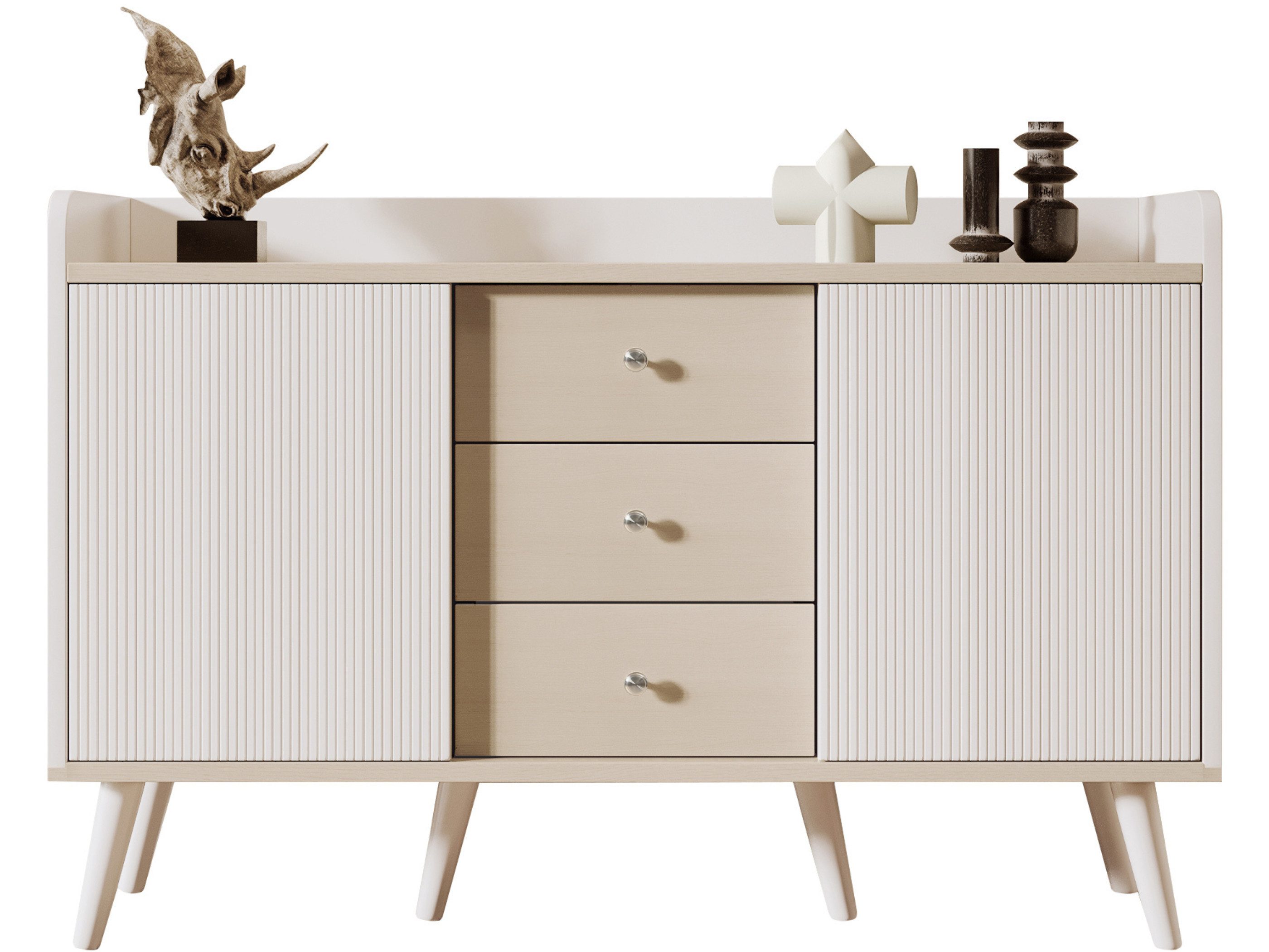 SeedWave Sideboard Moderne Gestreifte Kommode Schrank mit Schiebetüren und Schubladen, Verstellbare Einlegenböden, Schutzgeländer, Kippschutz-Set