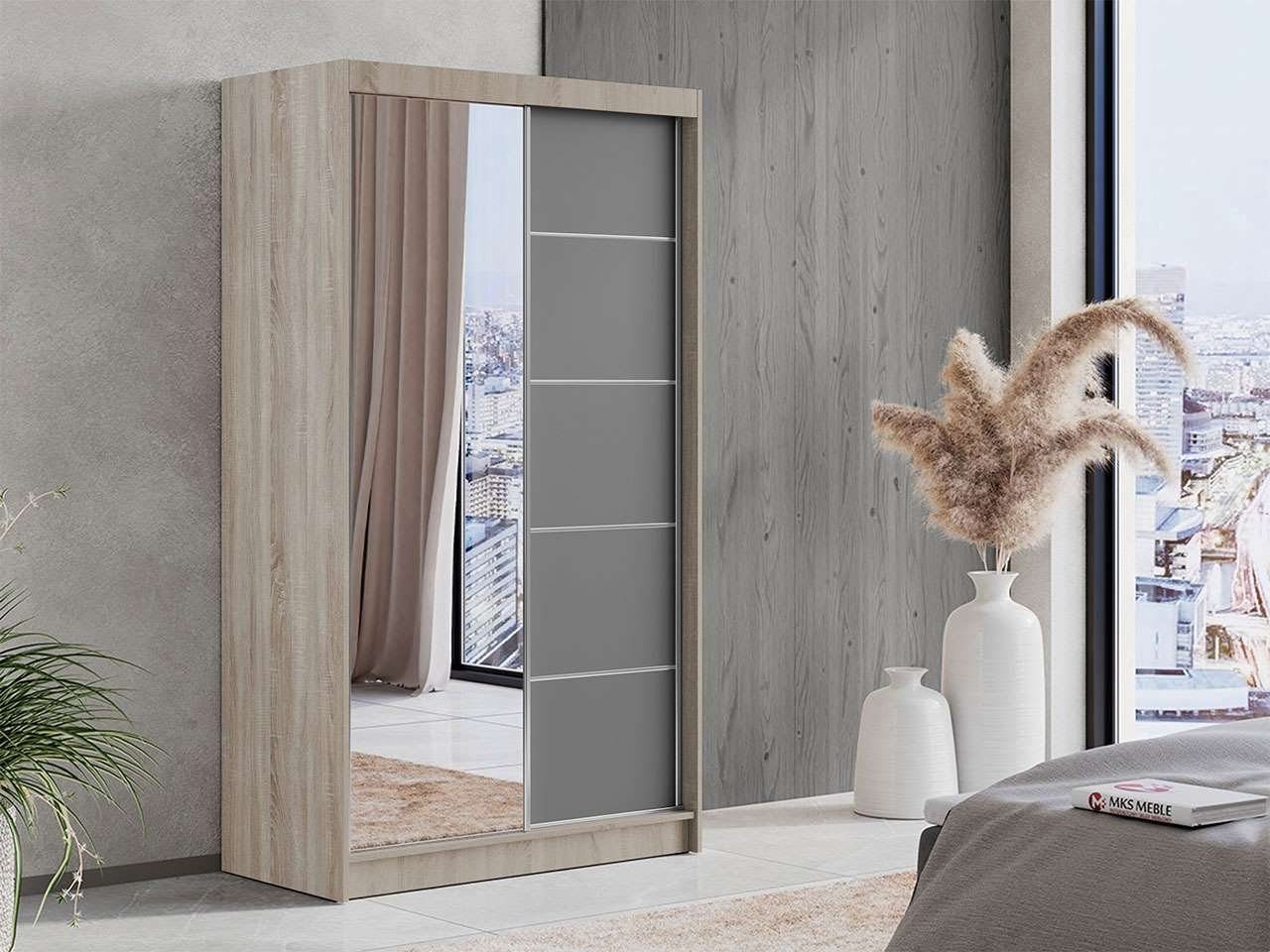 Spiegel mit MAZEDONIEN Farbe MKS Sonoma-Eiche, Schiebeschrank MÖBEL einem in der Grau Kleiderschrank
