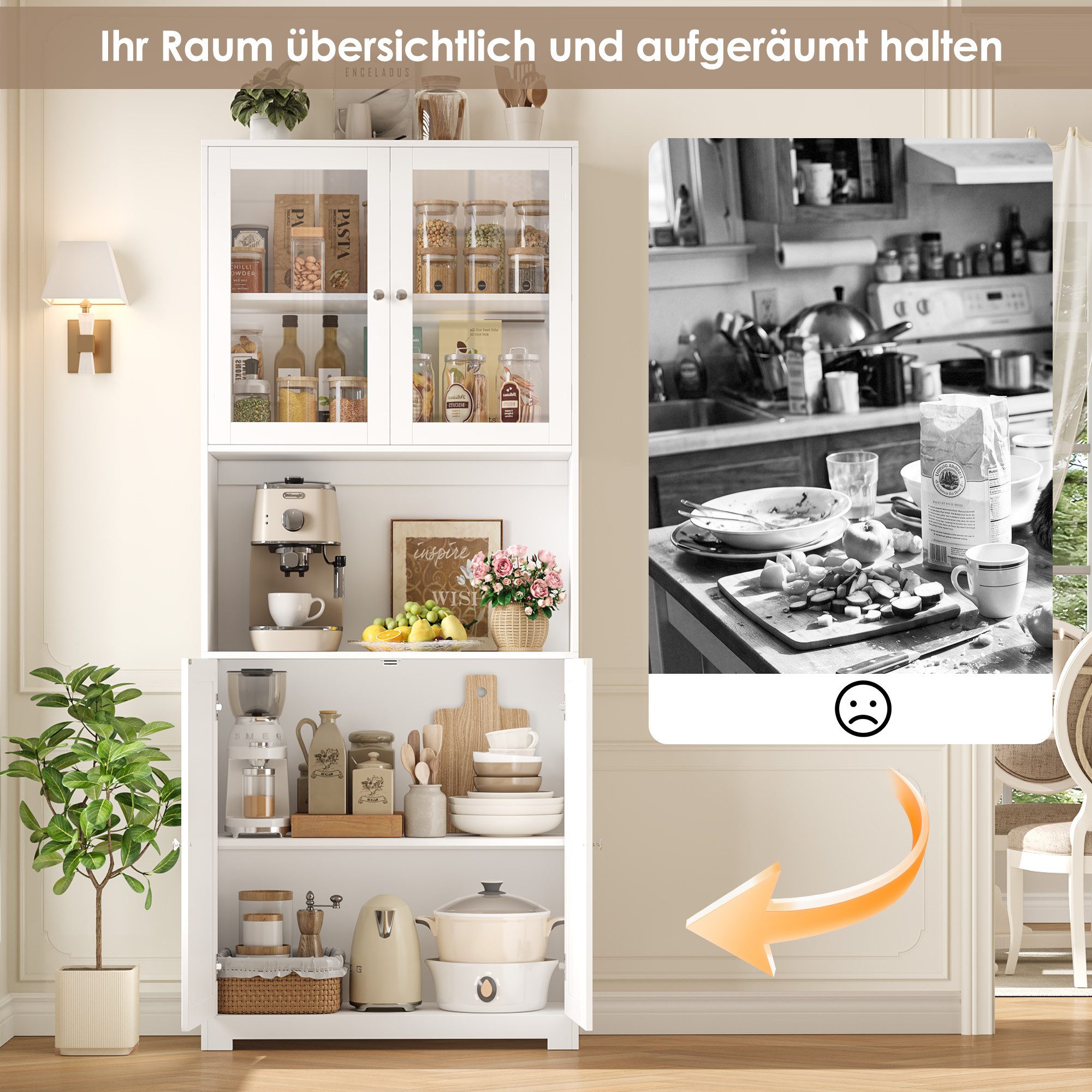 Homfa Vitrine Vitrinenschrank Buffetschrank Bücherregal mit Türen Küchenbuffet mit Arbeitsplatte, 80 x 32 x 198 cm – Bild 5 von 5