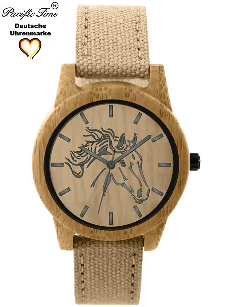 Pacific Time Quarzuhr Damenuhr analog Pferd Holz Canvas Armband, Gratis Versand