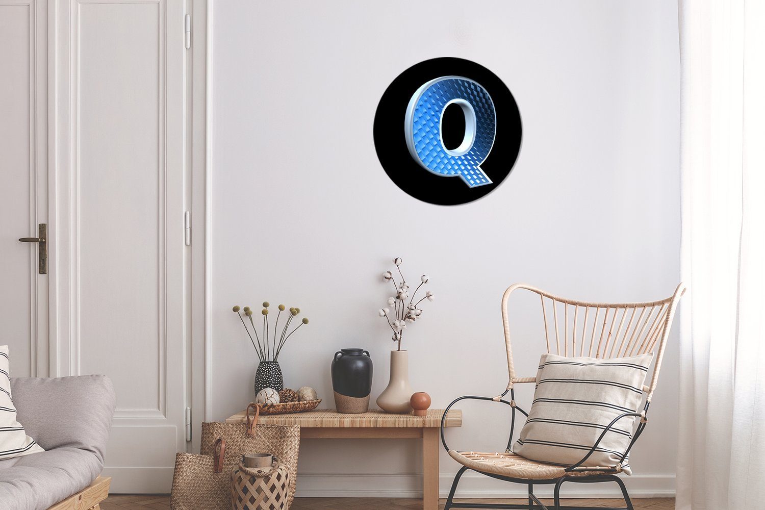 30x30 St), Hintergrund, auf Wanddekoration Wohnzimmer, Ein schwarzem Forex, Buchstabe Kreis Q (1 Wandbild, blauer MuchoWow Rundes cm Gemälde