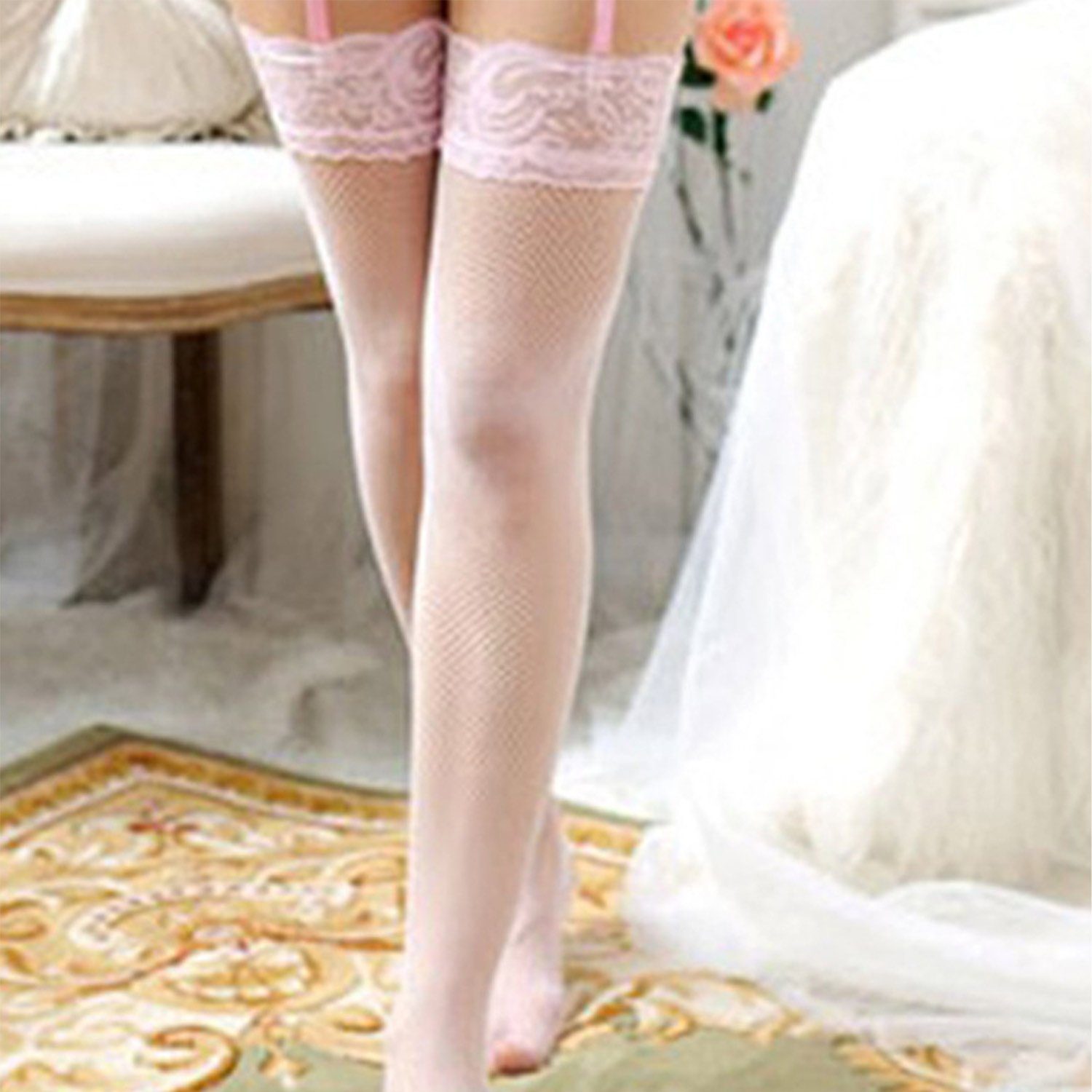 Mesh Strümpfe High transparente Spitze Halterlose Damen Socken Strümpfe rosa aus Fischernetzen Oberschenkel MAGICSHE