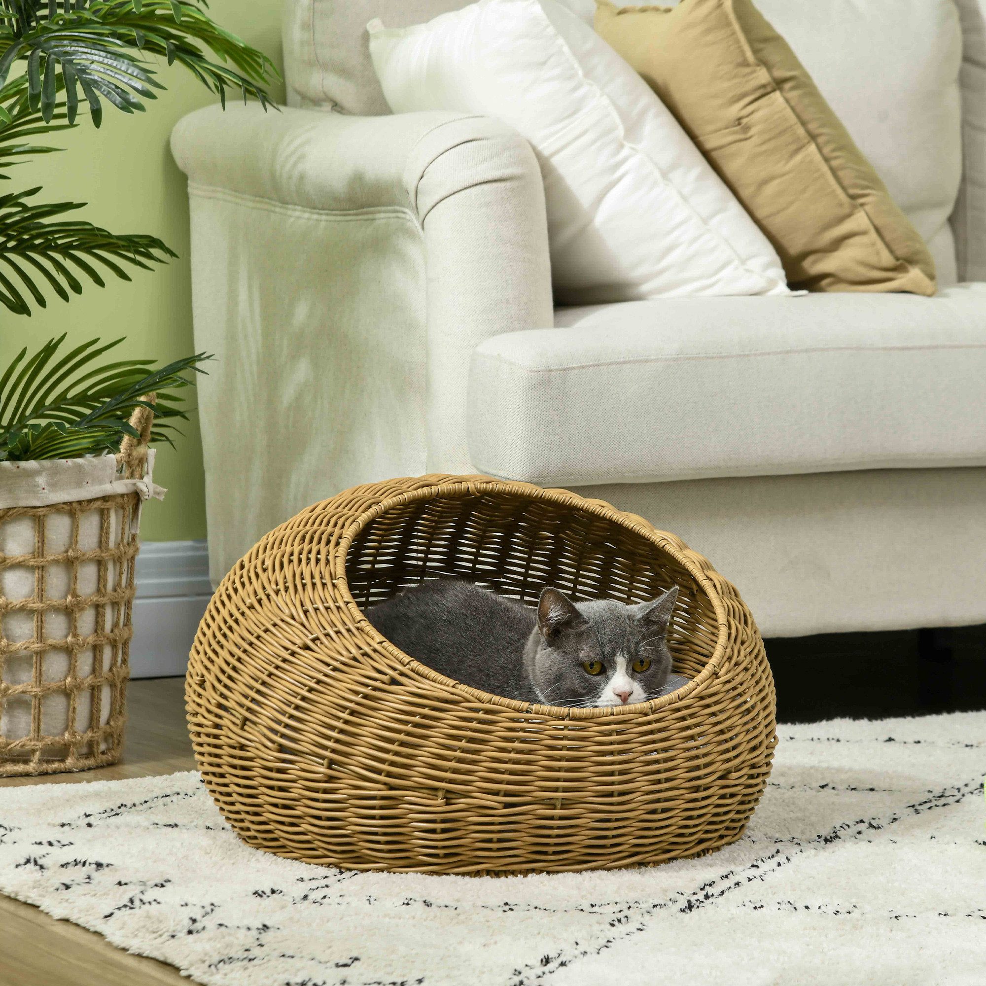 PawHut Tierhaus Rattan Katzenkorb Katzenhaus mit Kissen für Katzen bis 4 kg, Indoor, PE-Rattan, Ø50 x 31 cm, hellbraun