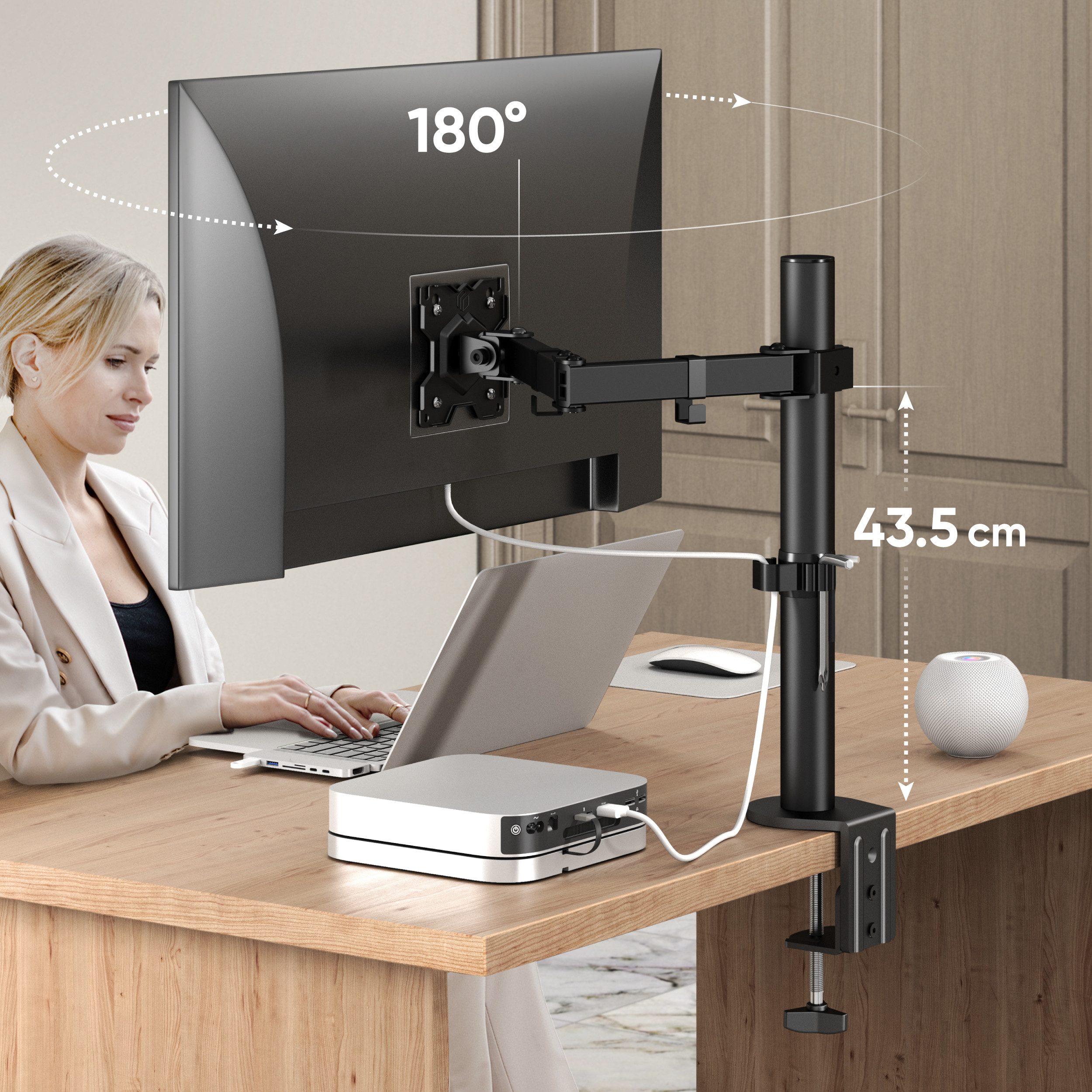 ONKRON Monitor-Halterung 13-34 Zoll, bis 8 kg, VESA 75x75-100x100, D121E-B, (bis 34 Zoll, Packung, 1-tlg., neigbar, schwenkbar, drehbar, höhenverstellbar, Kabelmanagement)