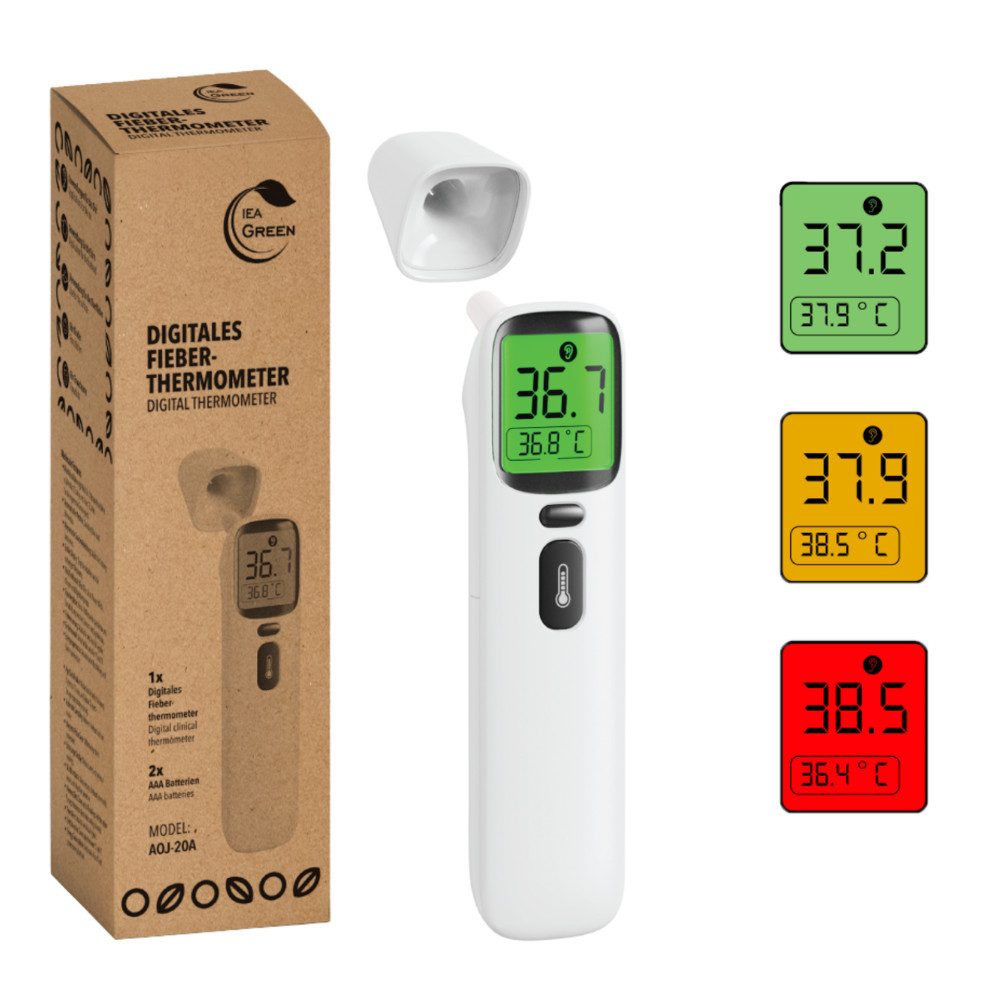 IEA Green Infrarot-Fieberthermometer kontaktloses Fieberthermometer AOJ-20A, FSC Verpackung, 1-tlg., für Babys/Kinder/Erwachsene, Stirn & Ohr, Farbwarnsystem