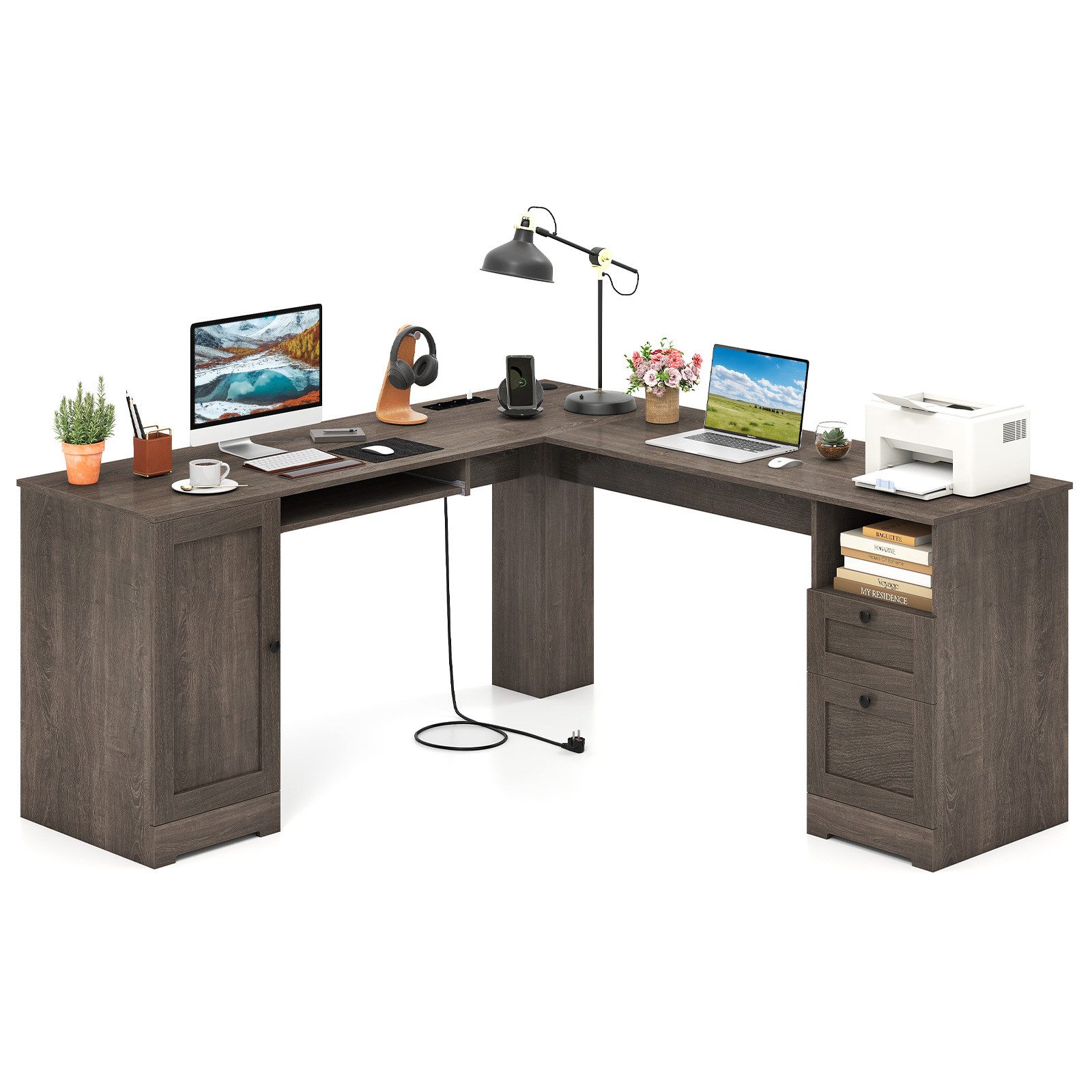 COSTWAY Eckschreibtisch, Computertisch mit Ladestation, Schrank, 2 Schublad günstig online kaufen