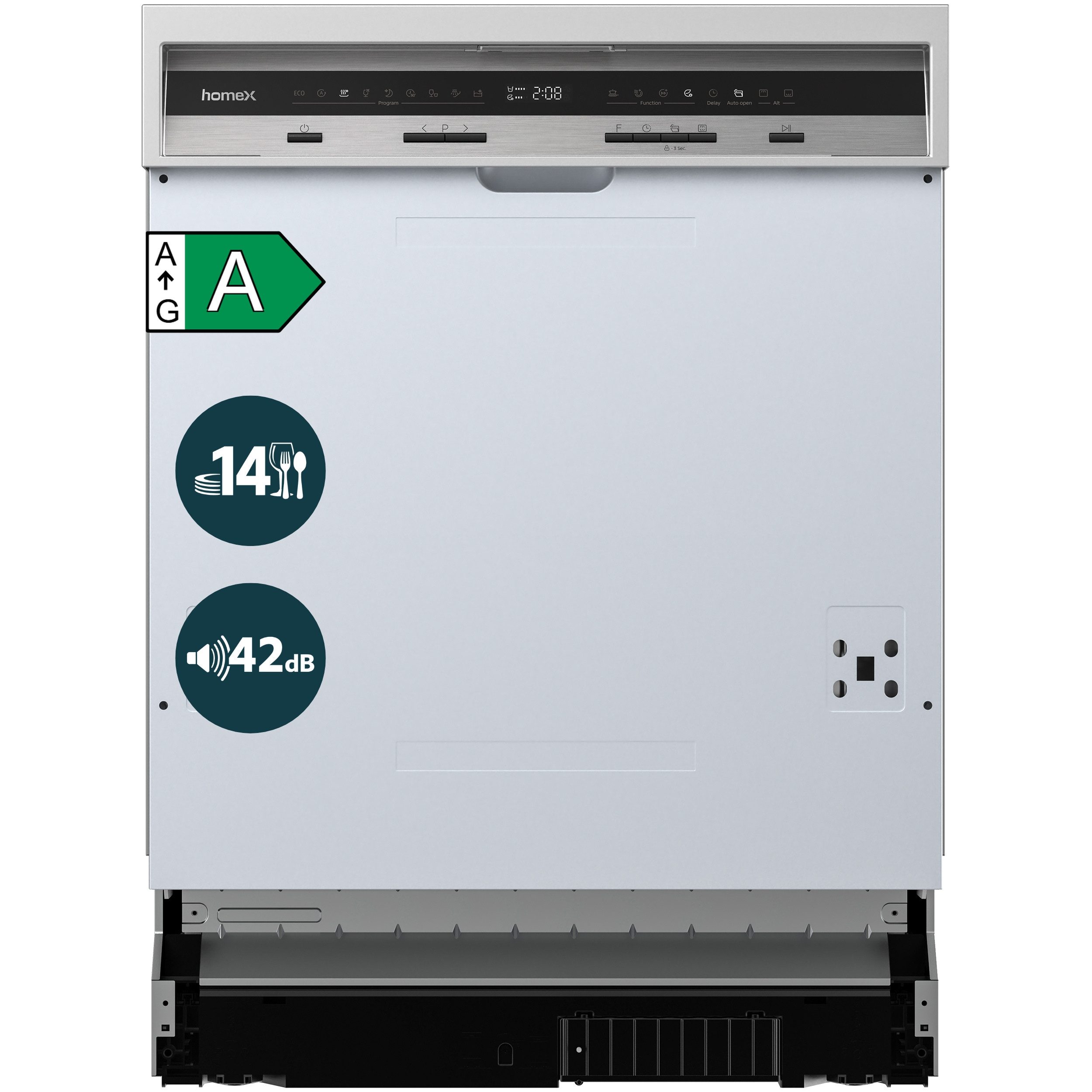 homeX teilintegrierbarer Geschirrspüler DWSI601442A, 10 l, 14 Maßgedecke, Einbau Spülmaschine teilintegriert 60 cm, 9 Programme, AquaStop, 42 dB