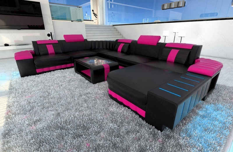 Sofa Dreams Wohnlandschaft XXL Ledersofa Bellagio U Form Mini, Designersofa, Sofa mit LED Licht und USB