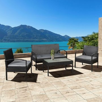 Juskys Gartenlounge-Set Trinidad, (4-tlg., Sitzgruppe), Polyrattan Sofa mit Tisch, 2 Stühlen und Auflagen, für 4 Personen