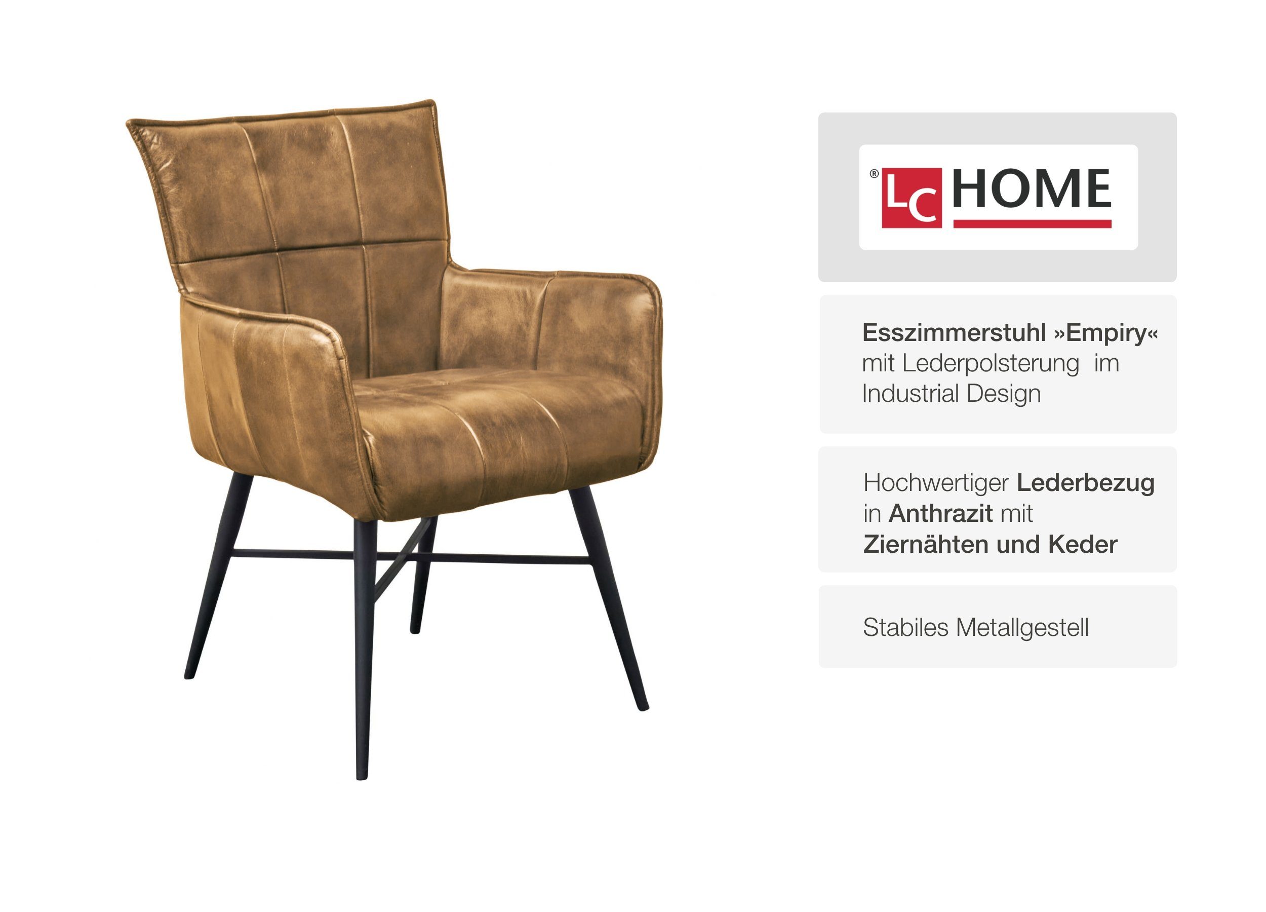 LC Home Armlehnstuhl Empiry Lederstuhl (Einzelstuhlset) Industrial Esszimmersessel Braun