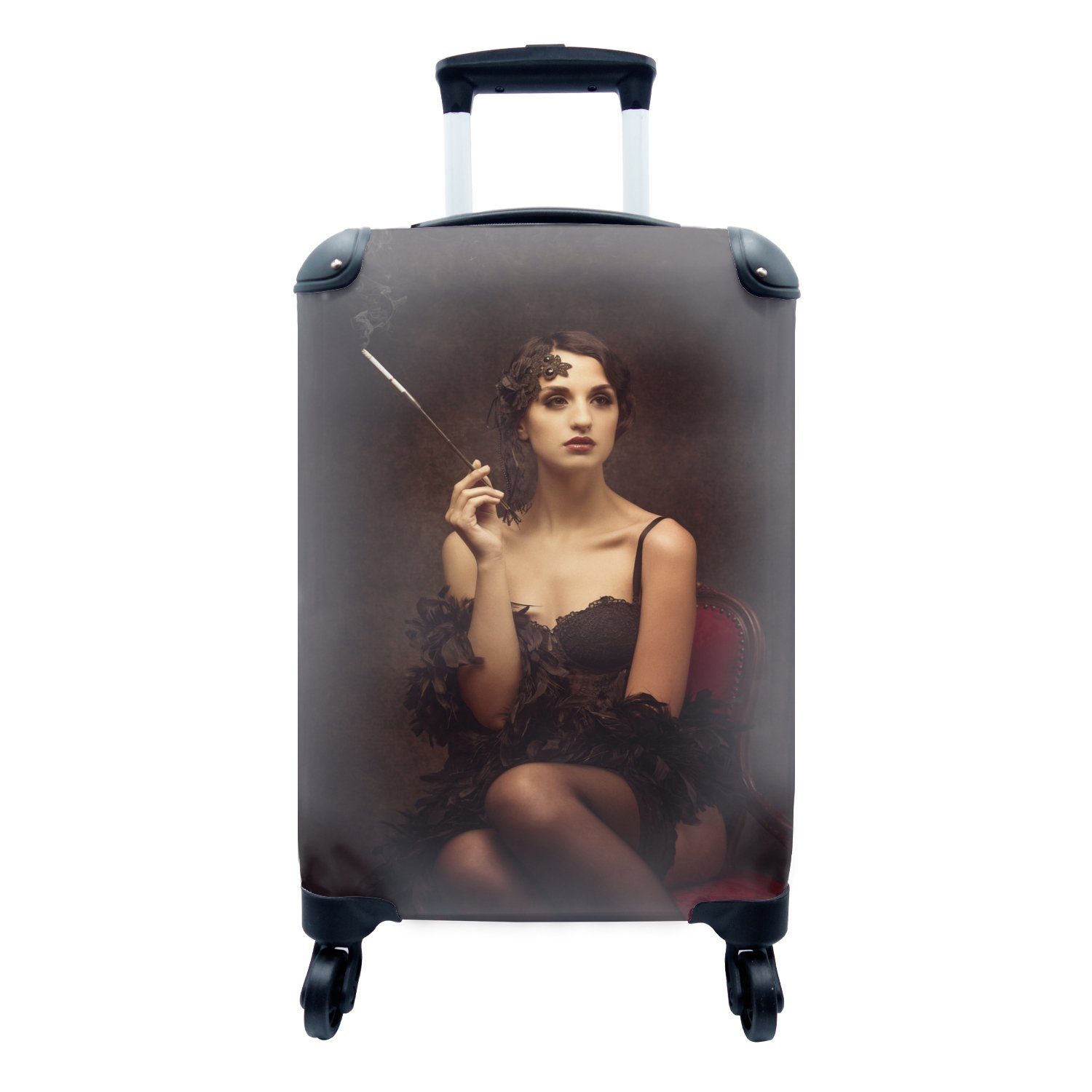 den Roaring Reisetasche Handgepäckkoffer eine 4 mit Zigarette Handgepäck Twenties, in rollen, raucht Reisekoffer Rollen, MuchoWow Trolley, Ferien, Frau für