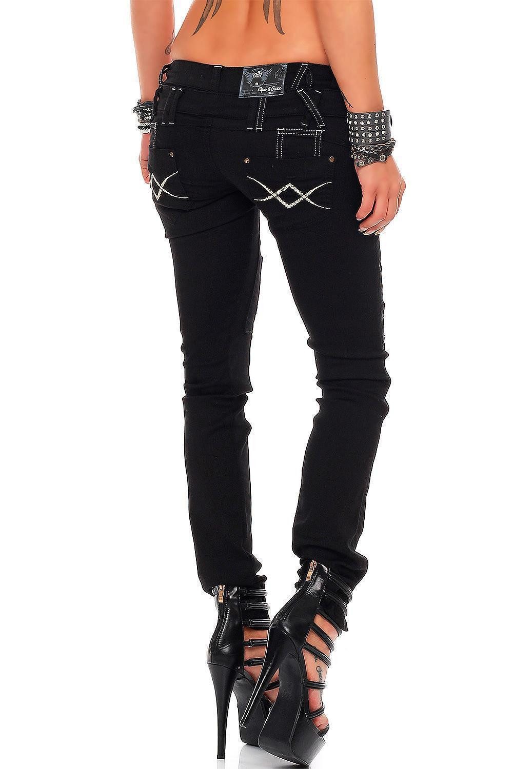 Cipo & Baxx Slim-fit-Jeans Damen Slim Fit Hose Denim BA-WD228 mit Zippern und Tribal Effekten