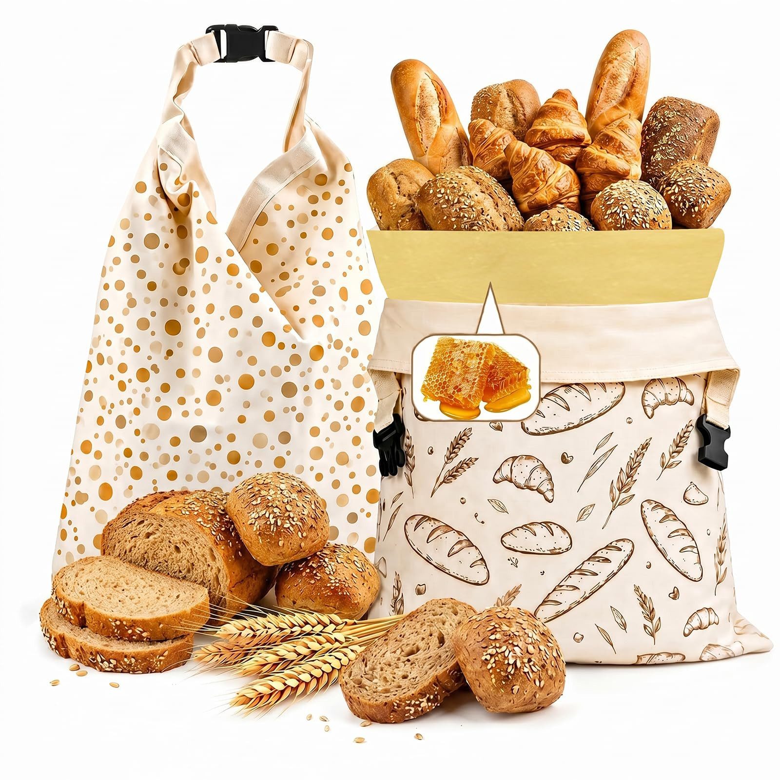 Diwzbyn Brottasche Bienenwachs Brotbeutel 2er Set 33x43 cm,Brotsack zur Brotaufbewahrung, (2-tlg), Stoff Brot Aufbewahrungsbeutel für Selbstgebackenes Brot