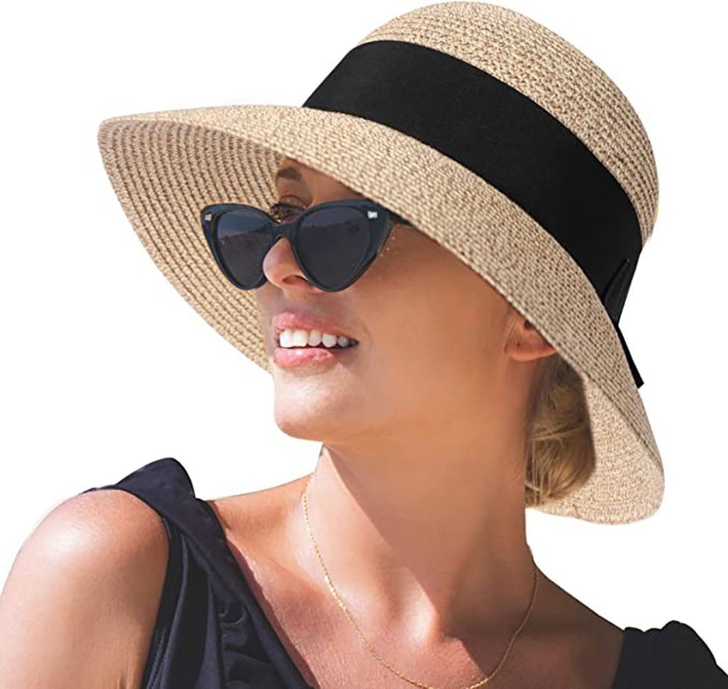 YYV Strohhut Strohhut für Damen Strandhut UPF 50+ Faltbarer Sonnenhut Outdoor (1-St) Große Hüte, faltbare Hüte, Sonnenblendenhüte