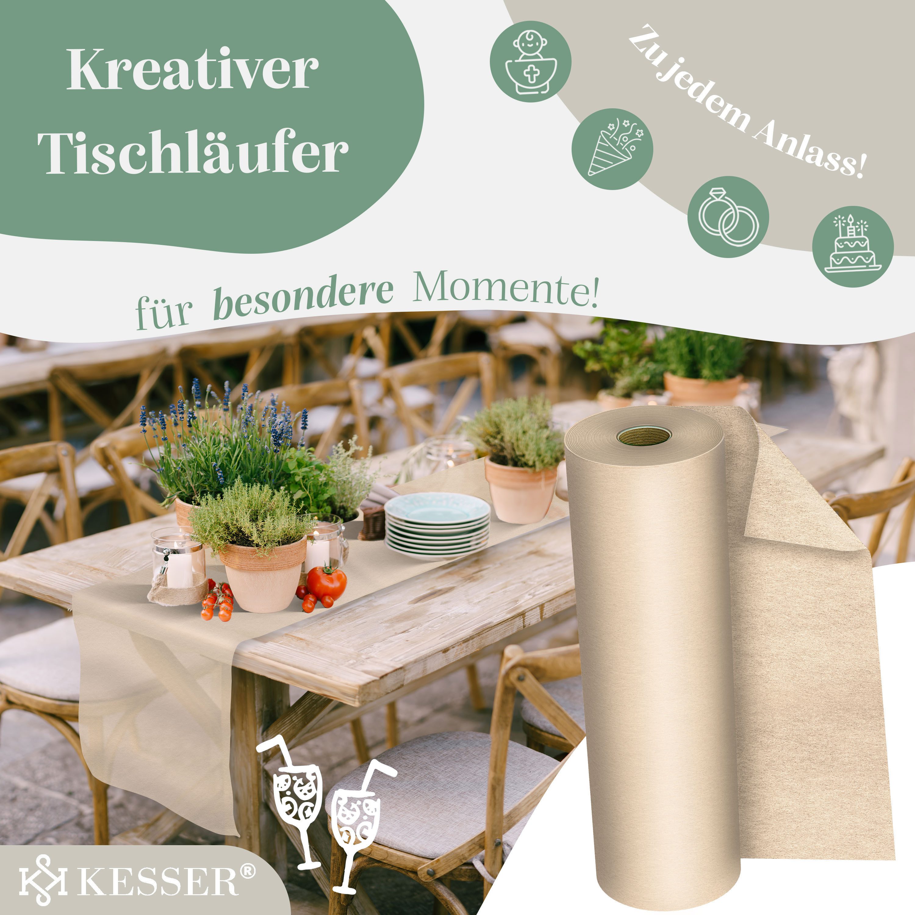 KESSER Tischläufer 25 m × 30 cm, wasserabweisend & abwaschbar, 30 g/m², anpassbare Vlies-Tischdekoration – für Feste aller Art geeignet